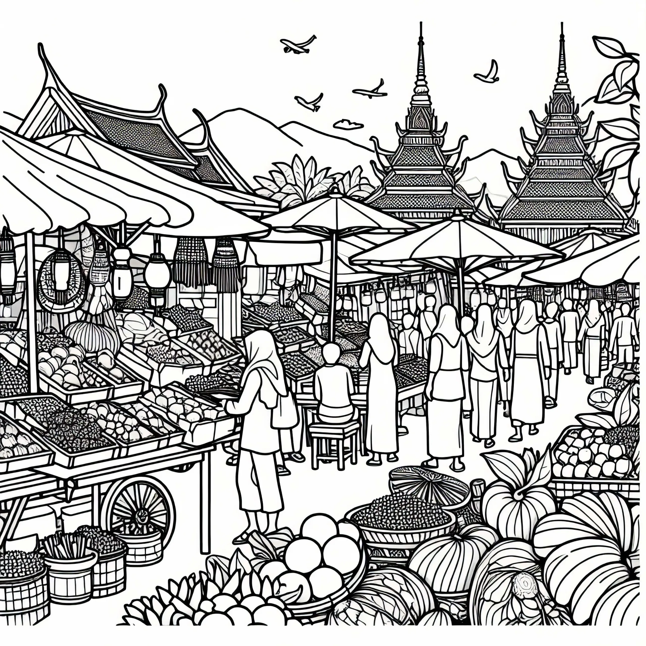 Straßenmarkt mit Ständen – Malvorlage Asien kostenlos (Ausmalbild)