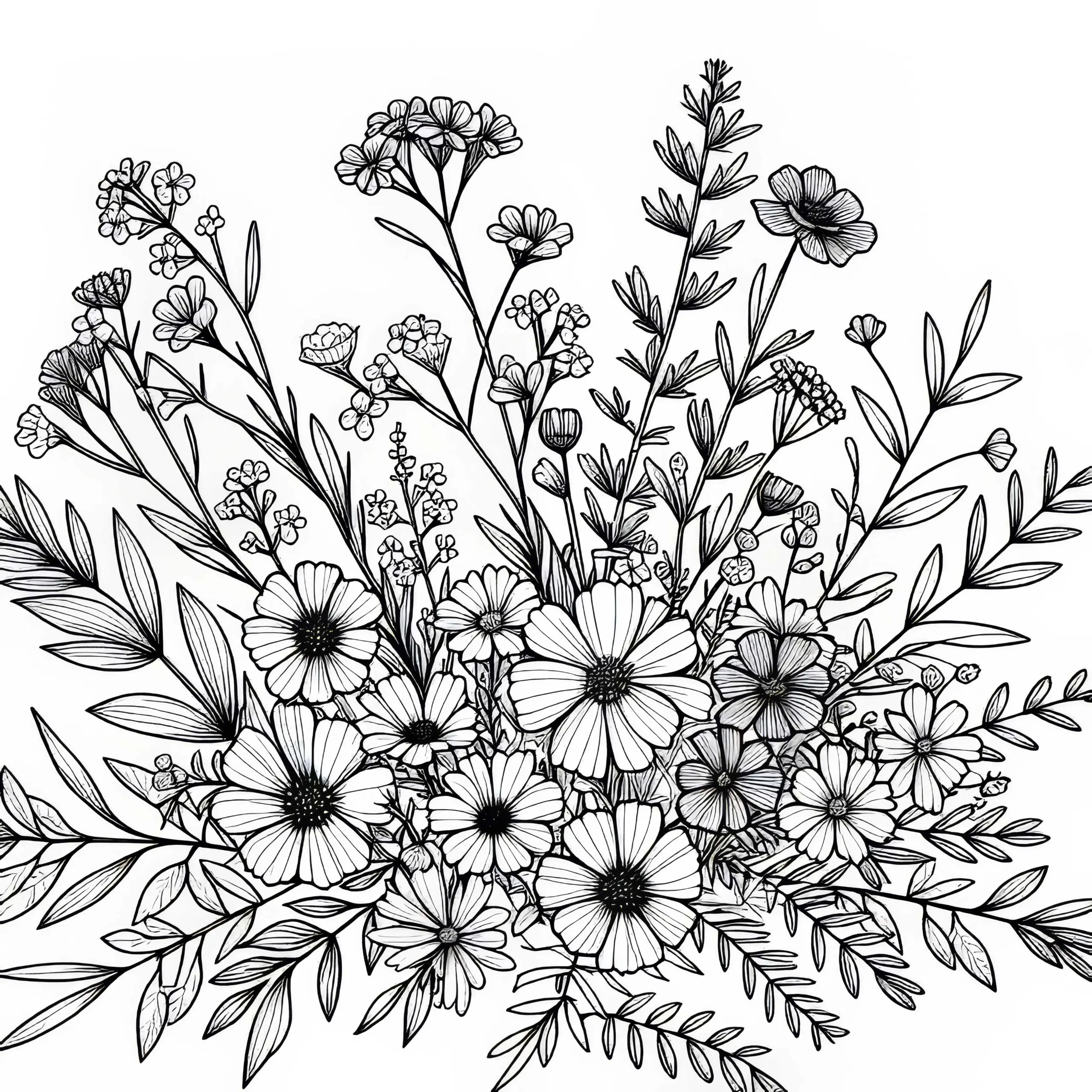 Blumenstrauß mit Wiesenblumen und Kräutern – Malvorlage zum Gratis-Download (Ausmalbild)