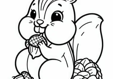 Streifenhörnchen beim Eichelnsammeln – Malvorlage einfach und gratis
