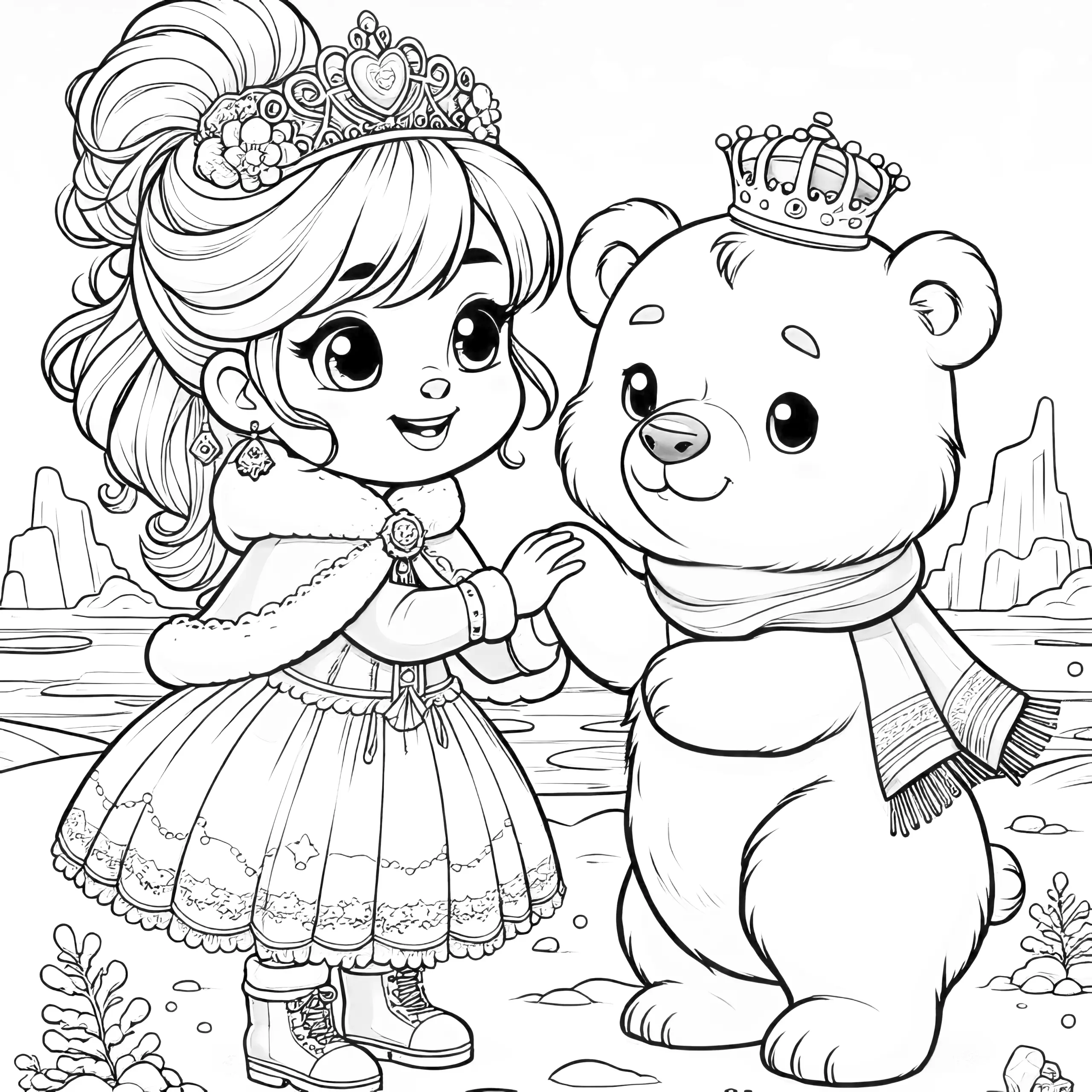 Süße Prinzessin mit Teddybär zum Ausmalen: Schön und niedlich (Gratis) (Ausmalbild)