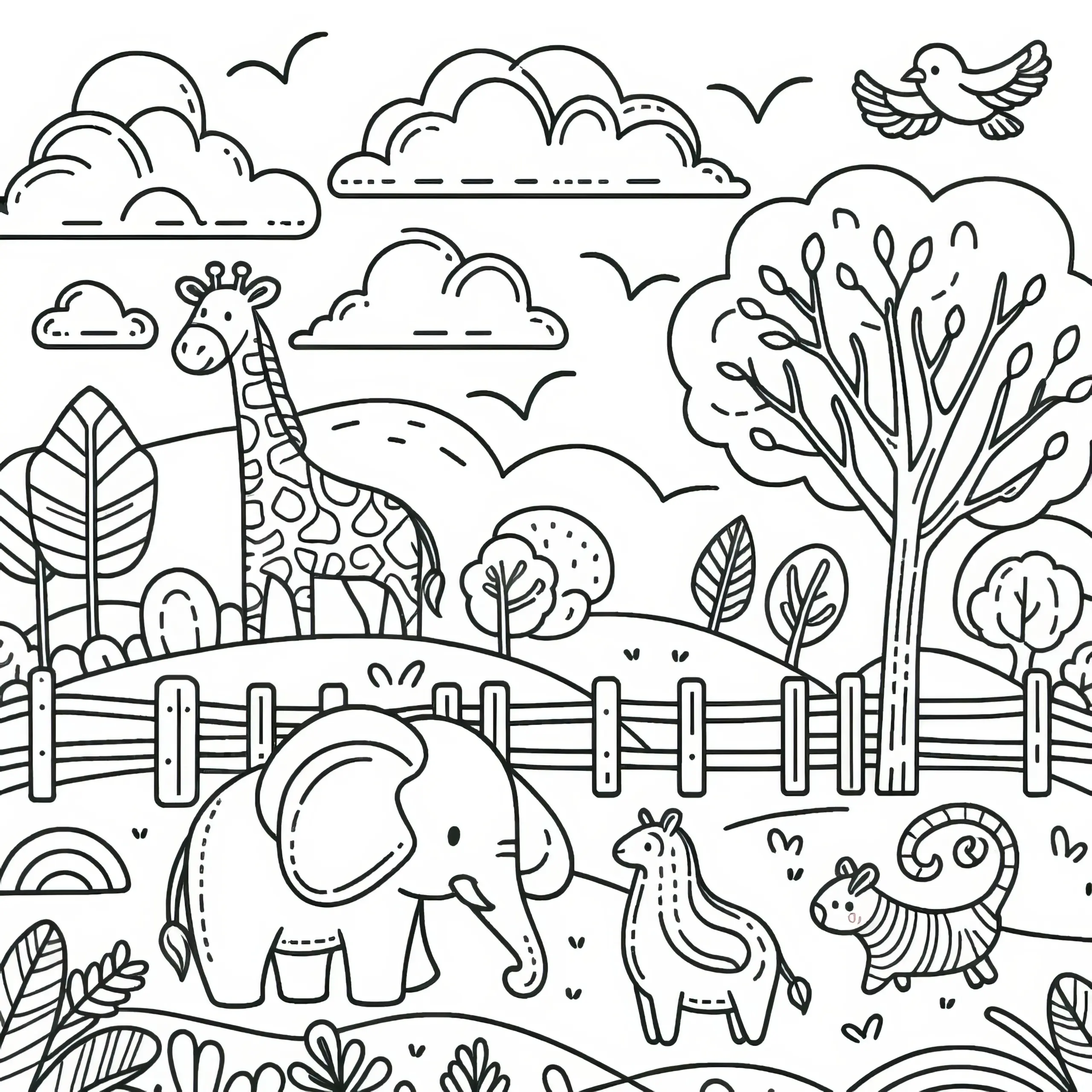 Süße Tiere im Zoo: Elefant und Giraffe zum Ausmalen (Kostenlos) (Ausmalbild)