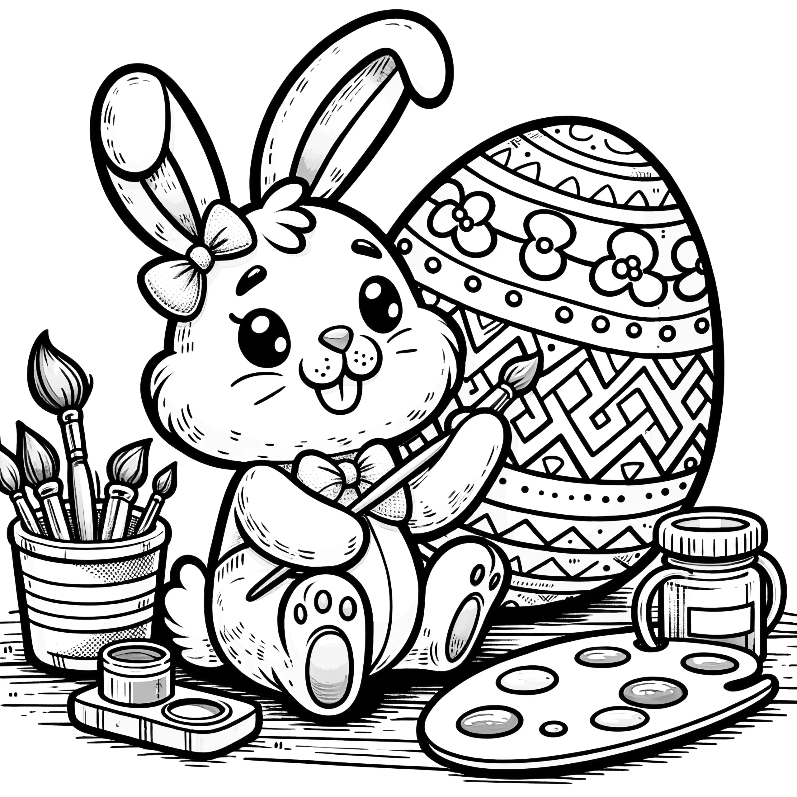 Süßer Osterhase beim Ausmalen eines schönen Ostereis: Malvorlage zum Herunterladen (Gratis) (Ausmalbild)