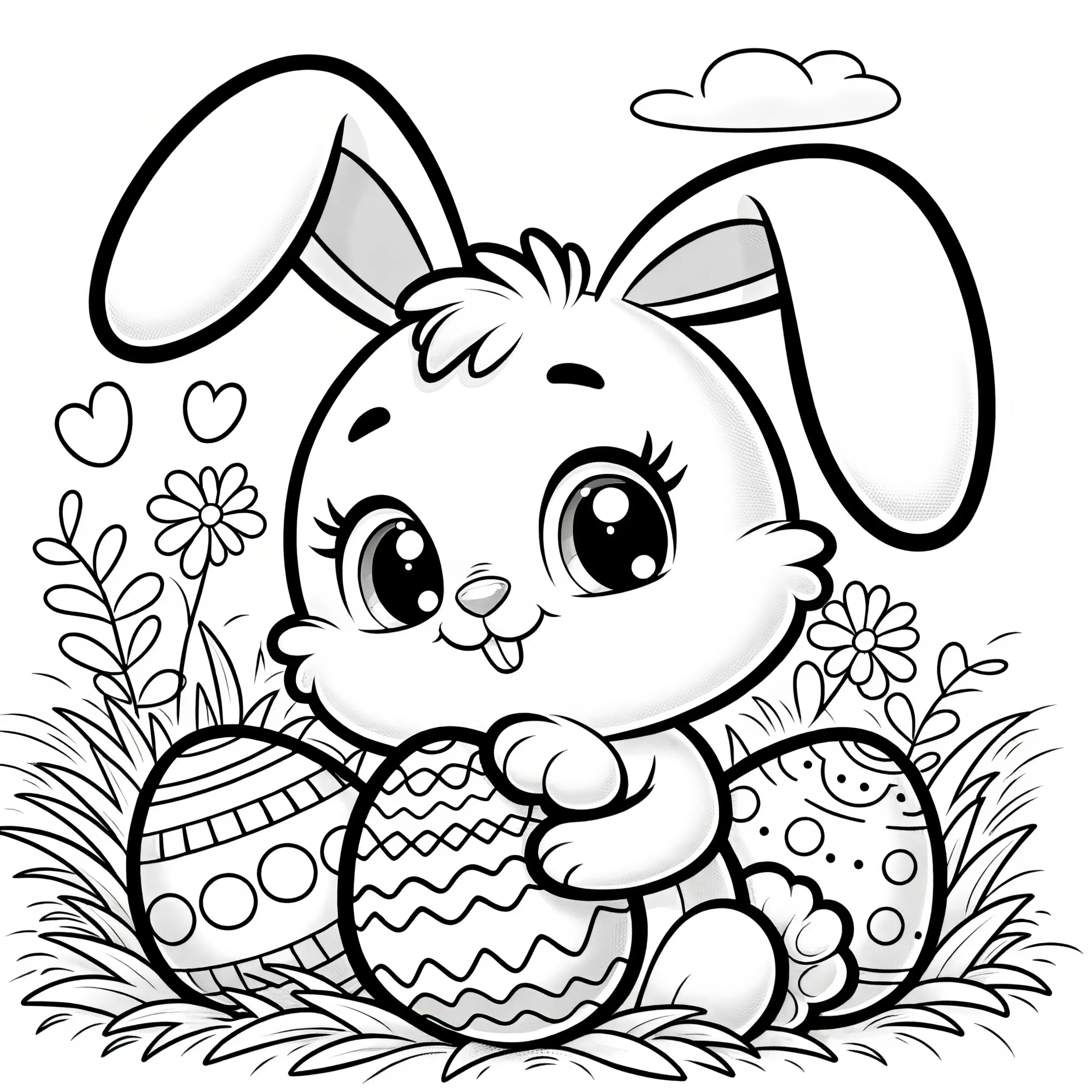 Süßer Osterhase mit großen Augen auf Blumenwiese: Malvorlage mit Ostereiern (Gratis) (Ausmalbild)