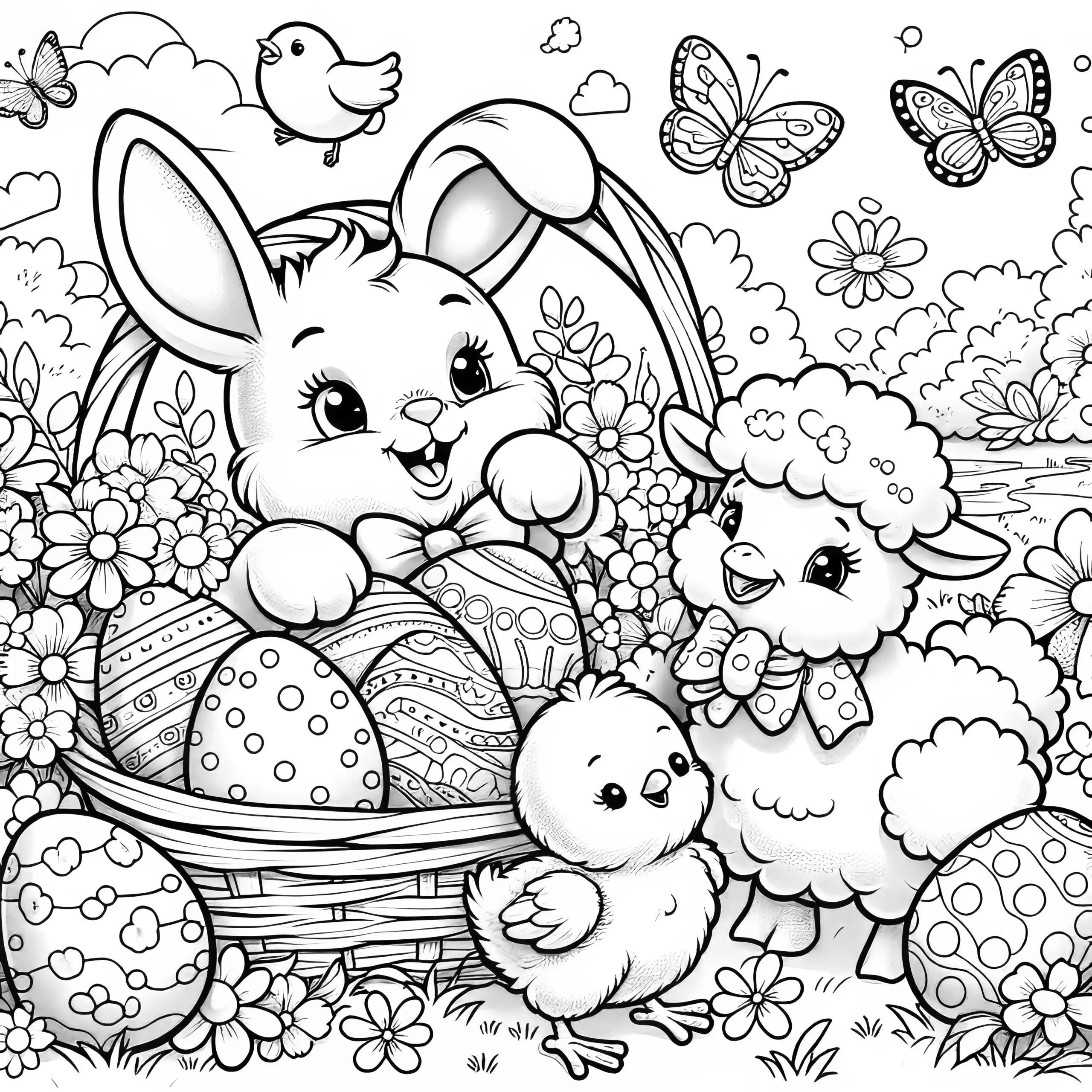 Süßer Osterhase mit Osterkorb, Osterküken, Schaf und Schmetterling: Ausmalbild (Kostenlos)