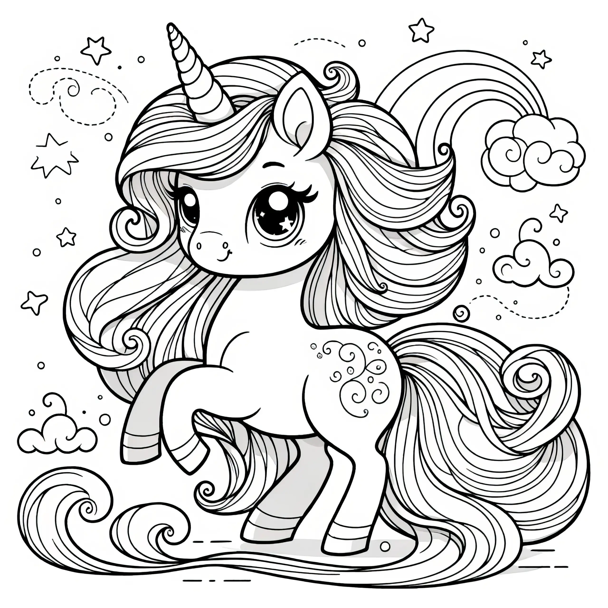 Süßes Einhorn-Pony mit Sternen zum Ausmalen (Kostenlos) (Ausmalbild)