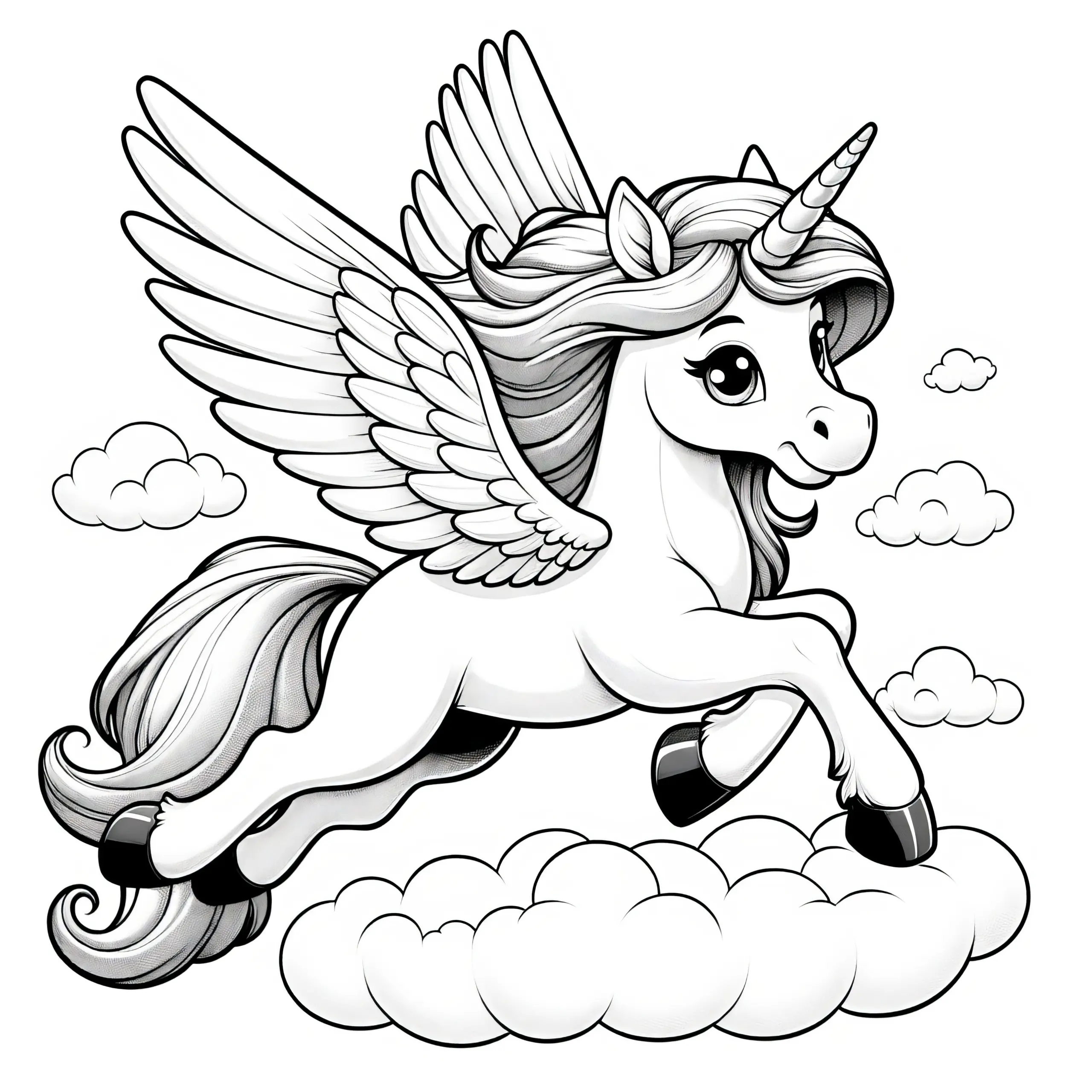 Süßes fliegendes Einhorn in Wolkenlandschaft: Gratis Ausmalbild
