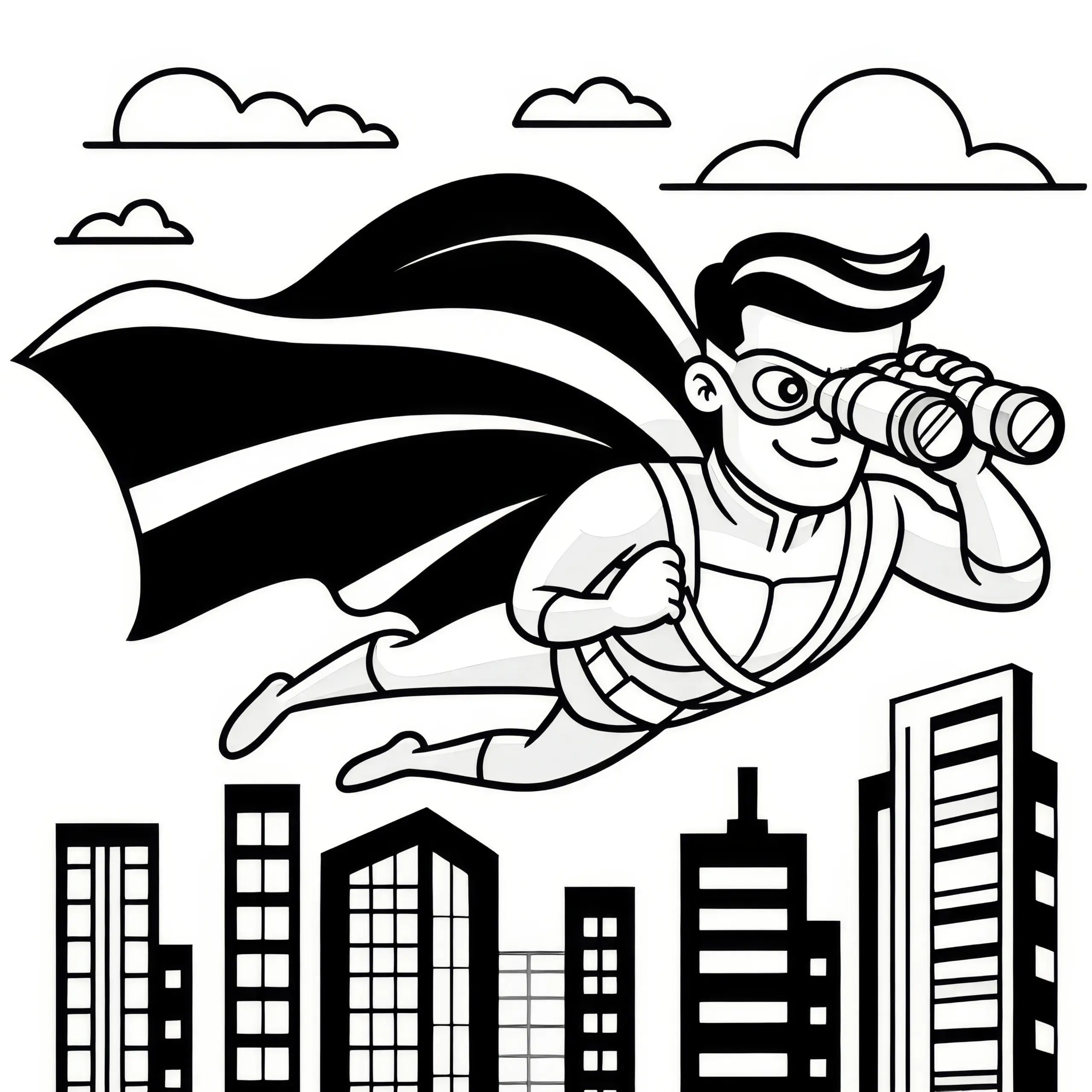 Superheld fliegt über Stadt und hält nach Gefahren Ausschau: Einfache Malvorlage (Gratis) (Ausmalbild)