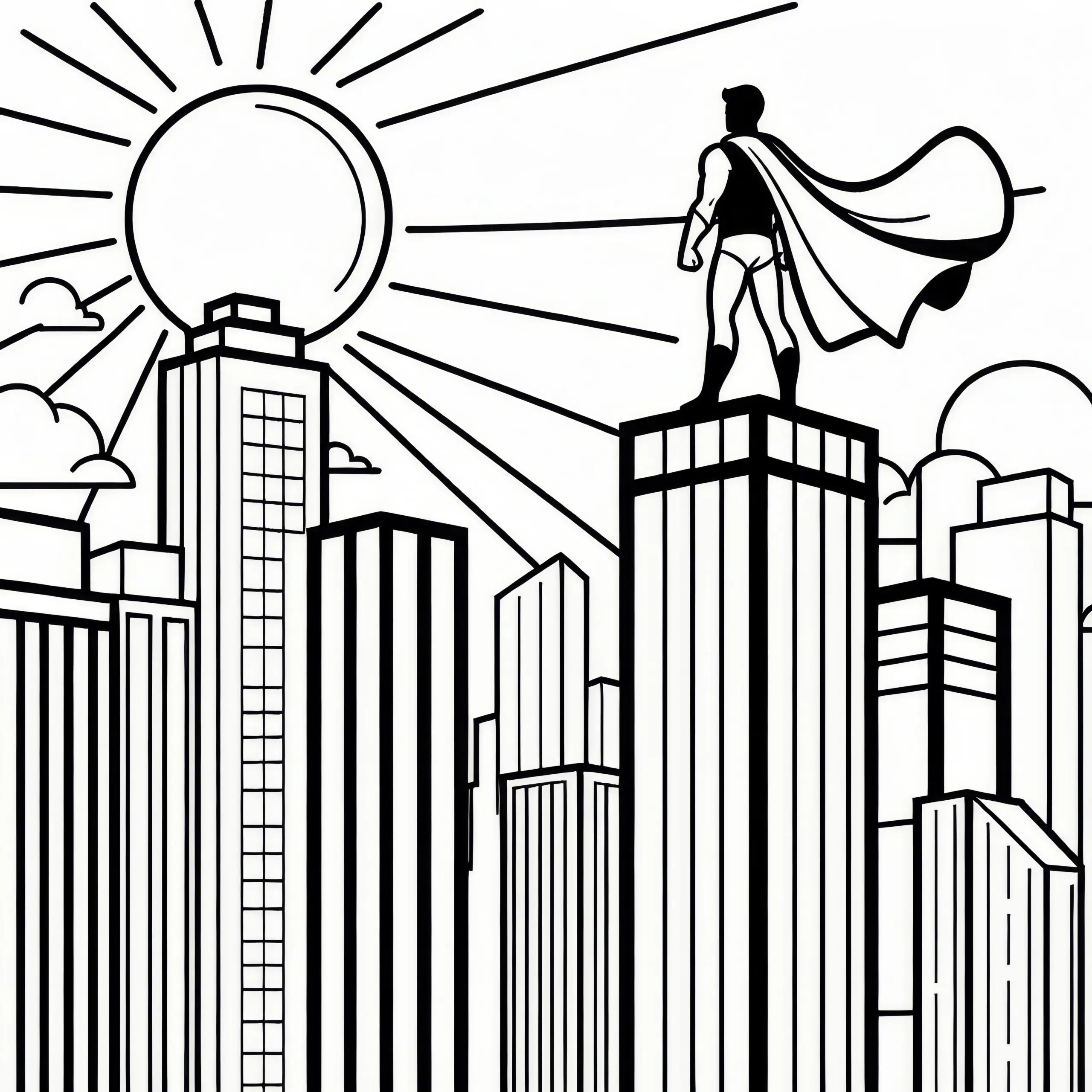 Superheld steht auf Hochhaus und schaut in den Sonnenuntergang: Kostenlose Malvorlage (Ausmalbild)