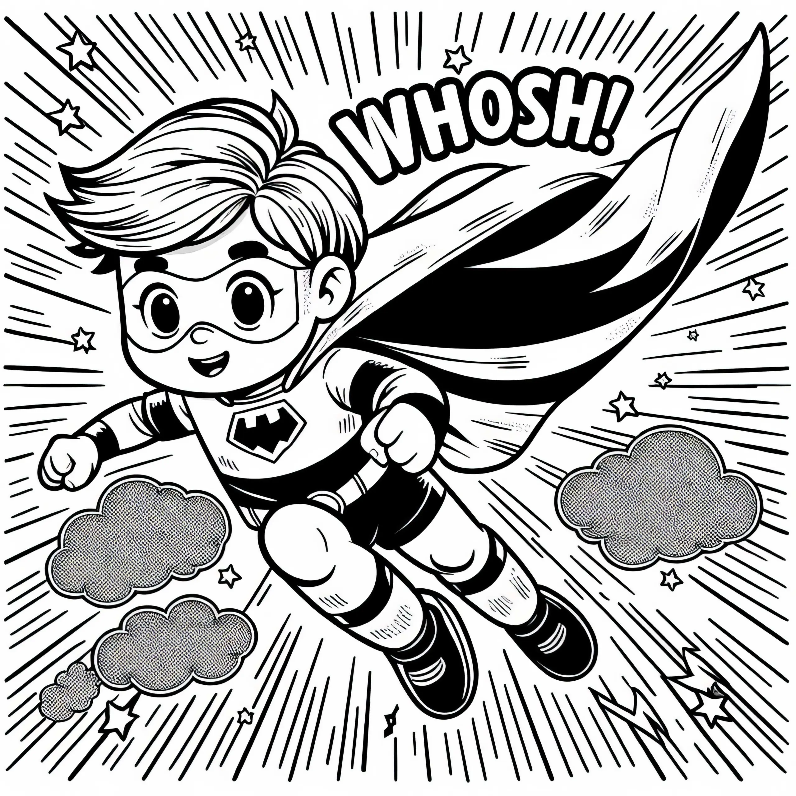 Superheld Kind fliegt mit wehendem Umhang durch die Luft – Ausmalbild