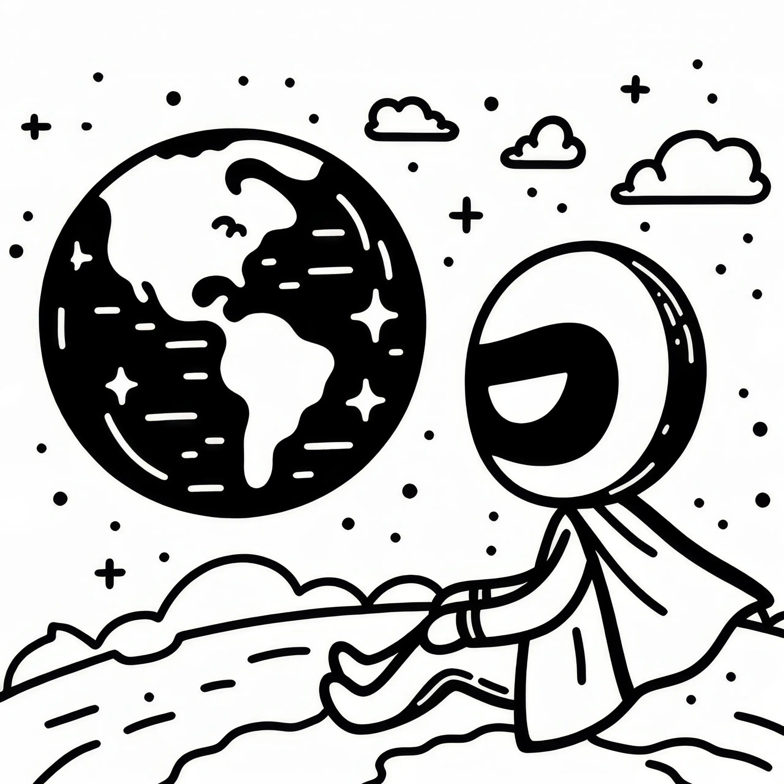 Superheld auf dem Mond mit Blick auf die Erde: Ausmalbild zum Herunterladen (Kostenlos)