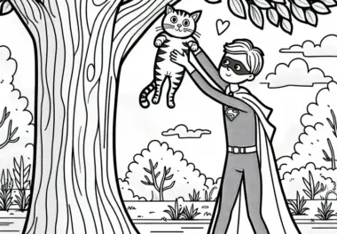 Superheld rettet Katze vom Baum – Malvorlage für Jungs ab sechs