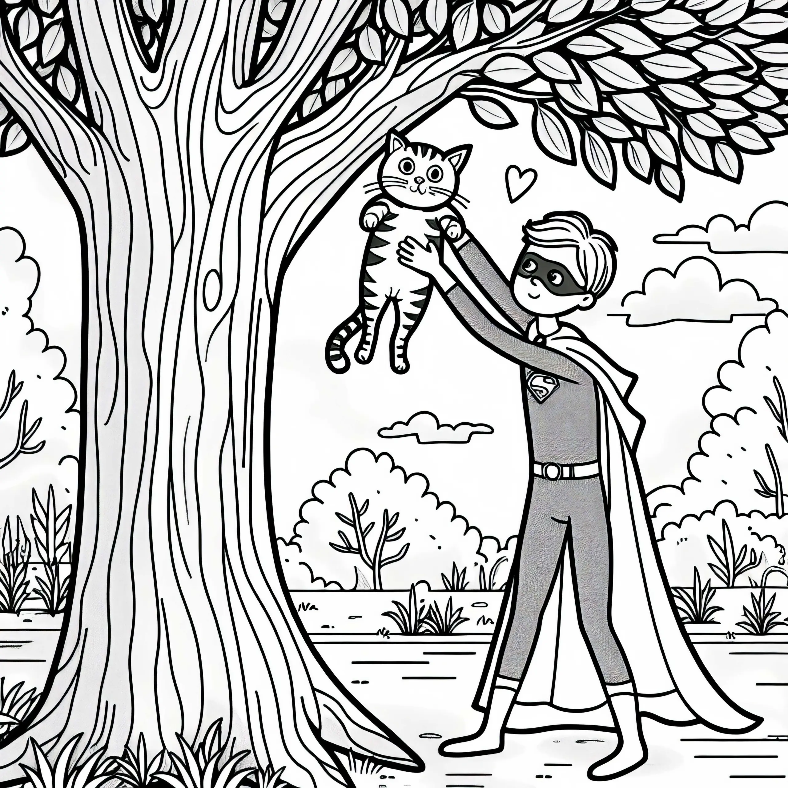 Superheld rettet Katze vom Baum – Malvorlage für Jungs ab sechs (Ausmalbild)