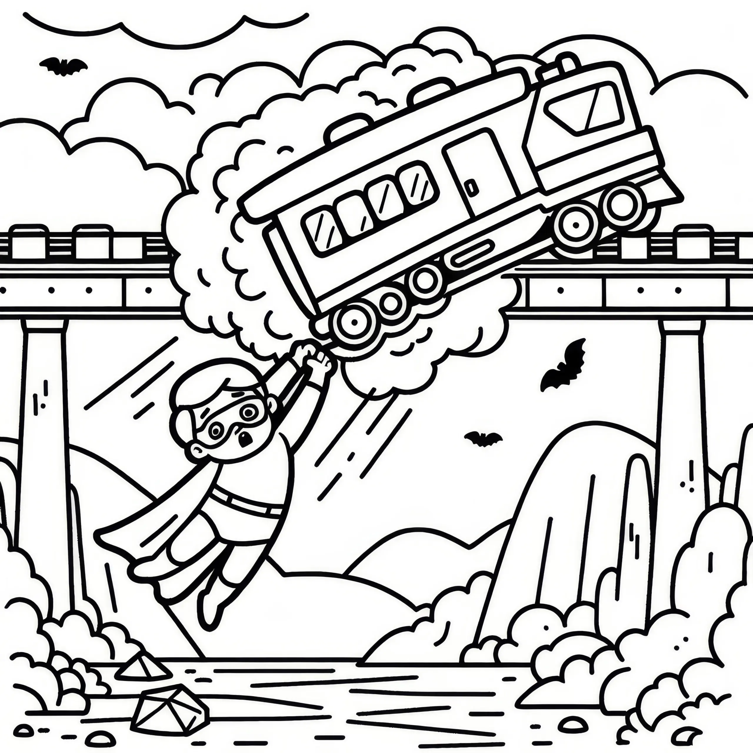 Superheld rettet Zug, der von Brücke stürzt: Malvorlage zum Download (Gratis) (Ausmalbild)