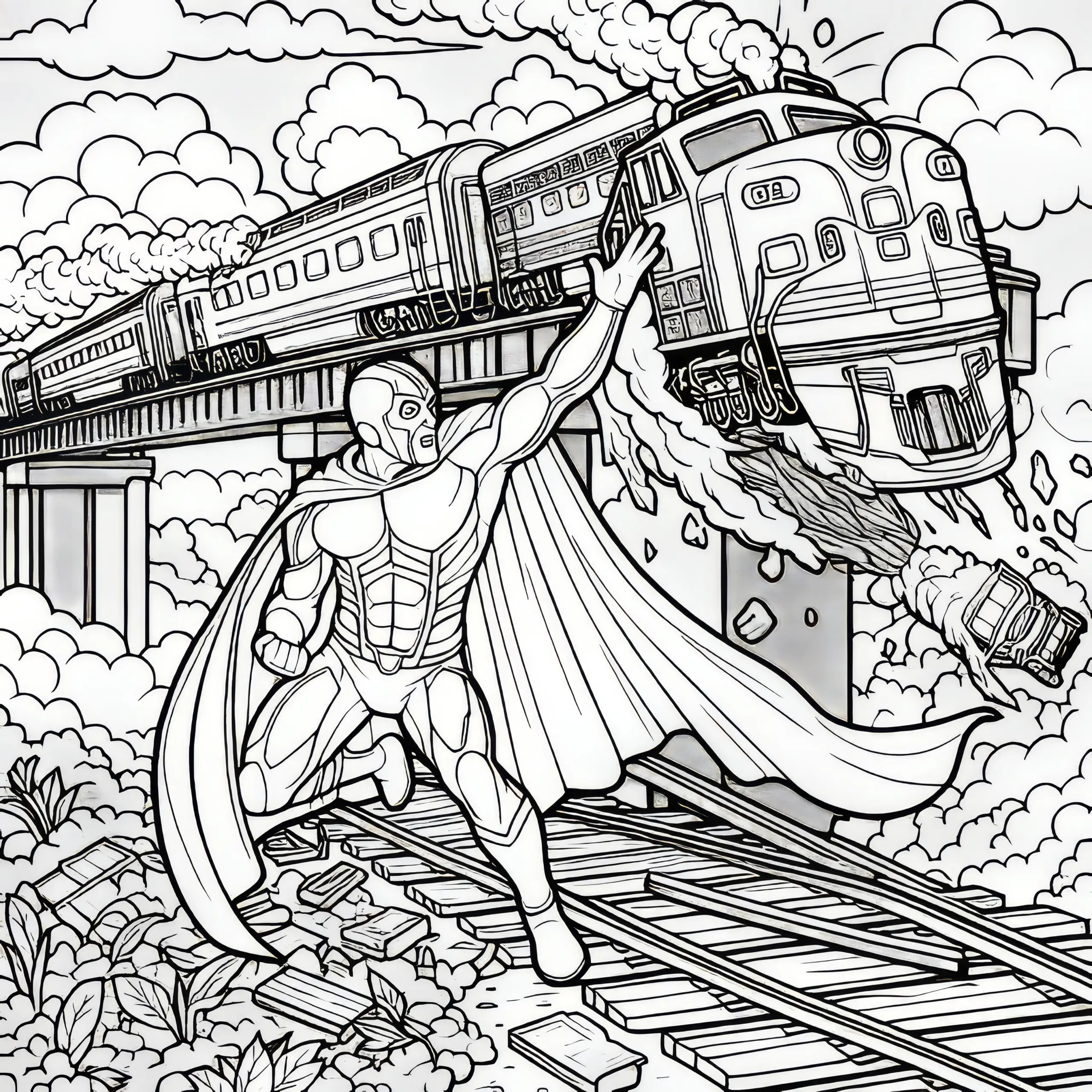 Superheld rettet Zug, der von Brücke stürzt: Malvorlage in hoher Qualität (Kostenlos) (Ausmalbild)
