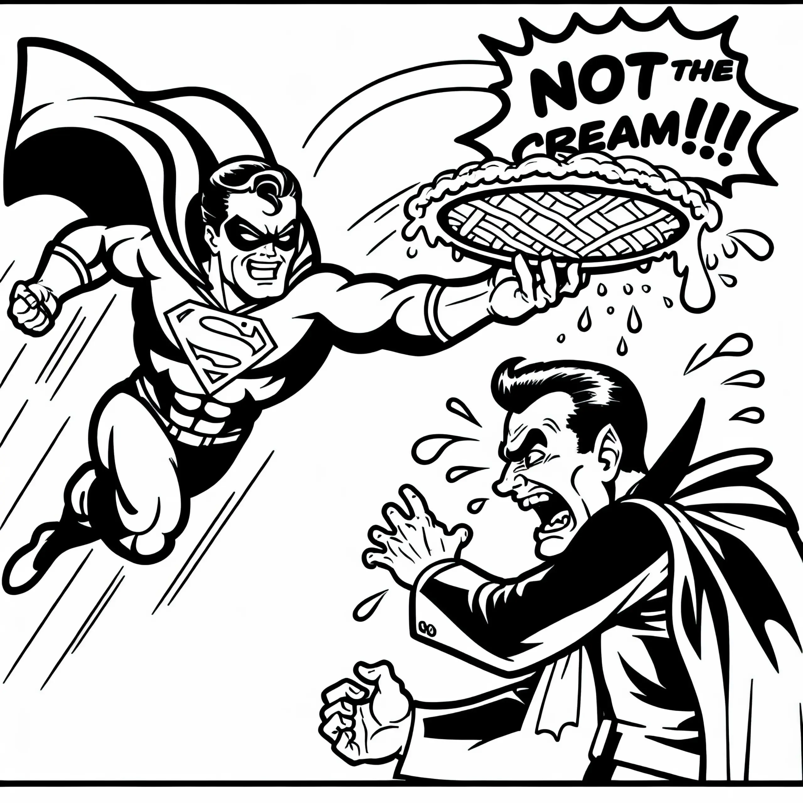 Superheld wirft Torte auf Bösewicht – Malvorlage Comic gratis (Ausmalbild)
