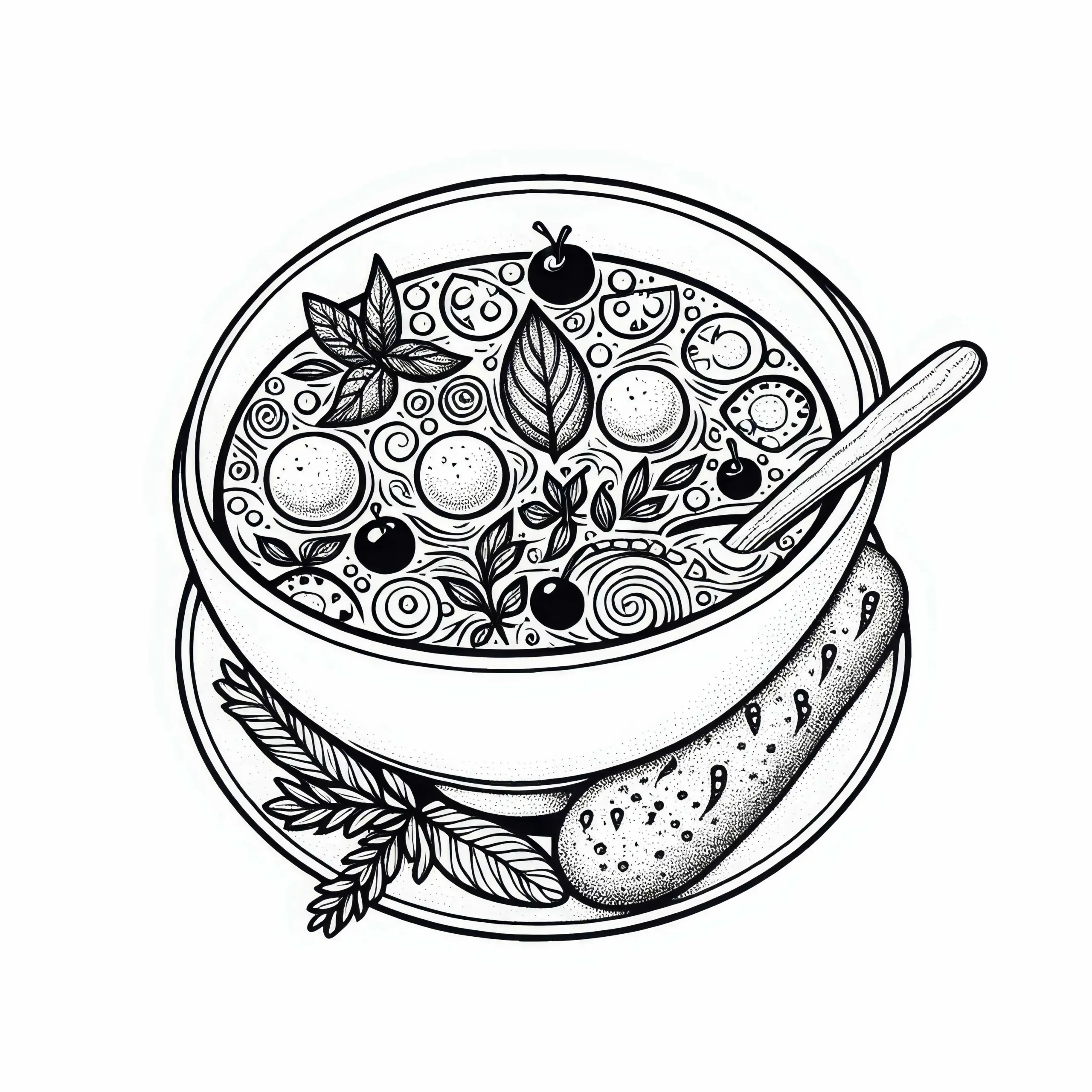 Ausmalbild einer Suppe als Vorspeise – Kostenlos herunterladen und ausmalen