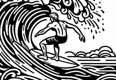 Surfer reitet elegant auf einer großen Welle – Malvorlage kostenlos
