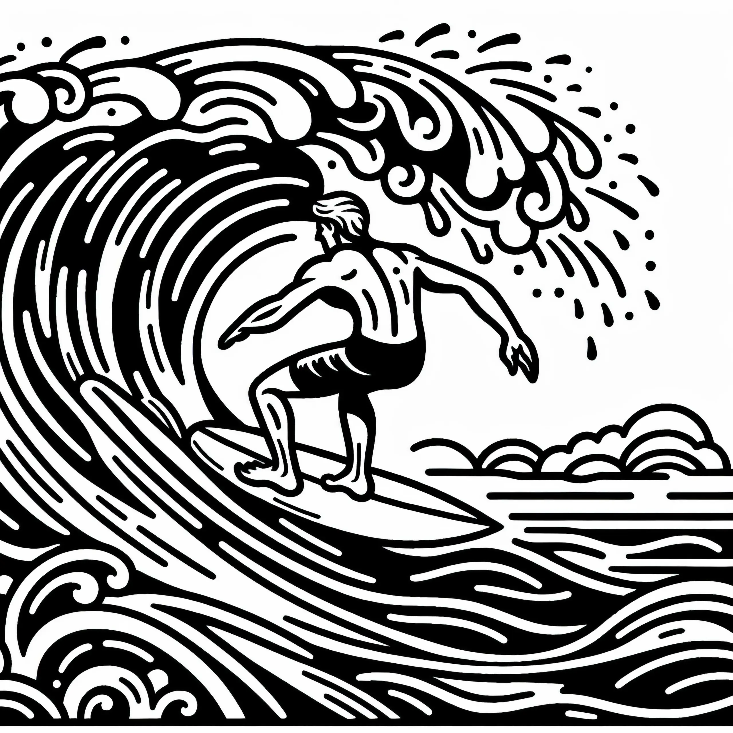Surfer reitet elegant auf einer großen Welle – Malvorlage kostenlos (Ausmalbild)