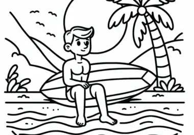 Surfer sitzt entspannt auf Board am Strand – Malvorlage kostenlos