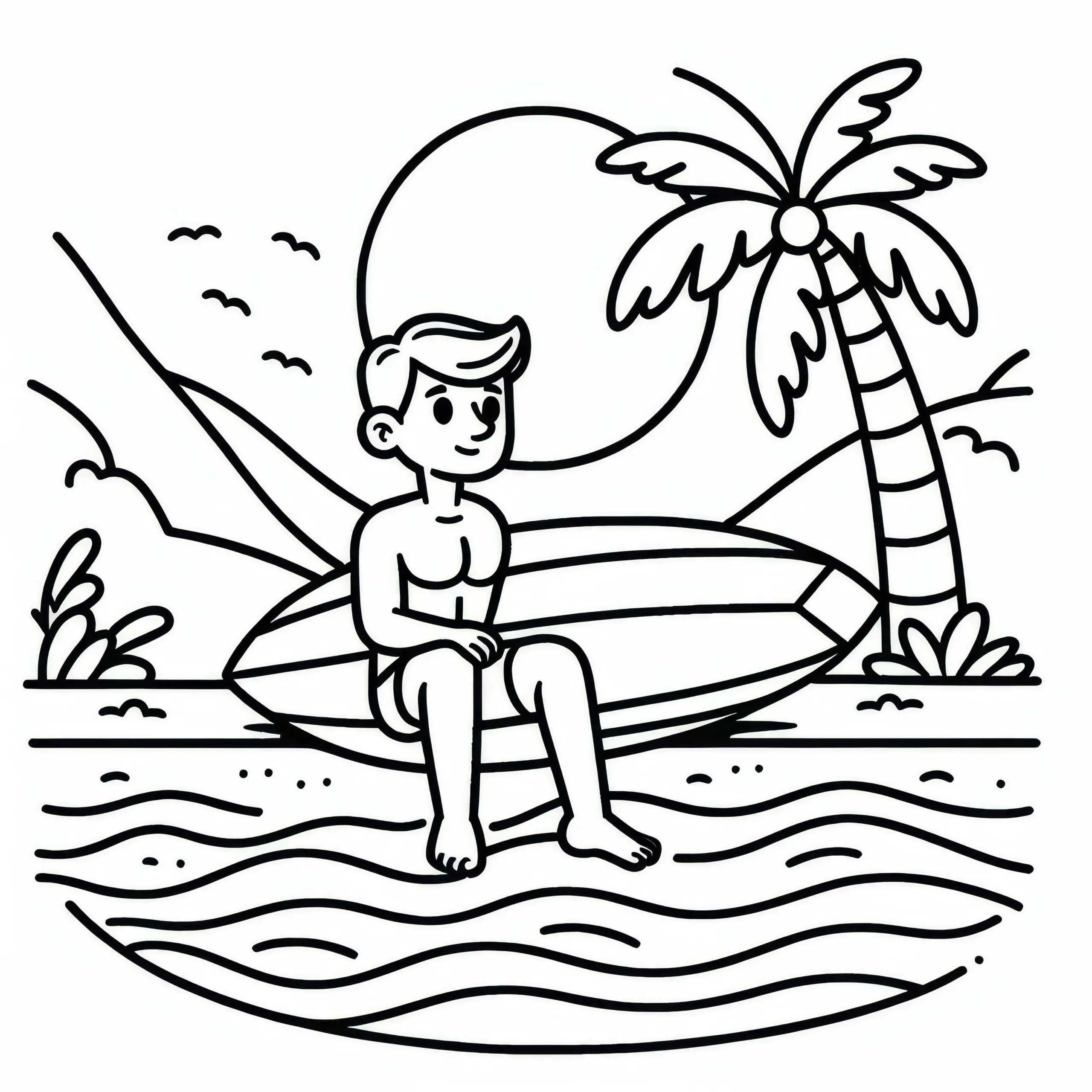 Surfer sitzt entspannt auf Board am Strand – Malvorlage kostenlos (Ausmalbild)