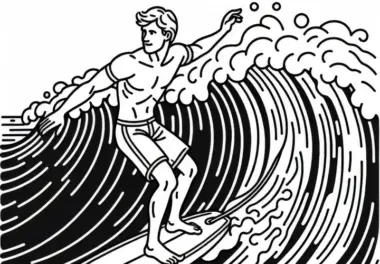 Surfer steht beim Wellenreiten mit perfektem Gleichgewicht auf Brett – Ausmalbild gratis