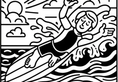 Surfer verliert Gleichgewicht und stürzt ins Wasser – Malvorlage kostenlos