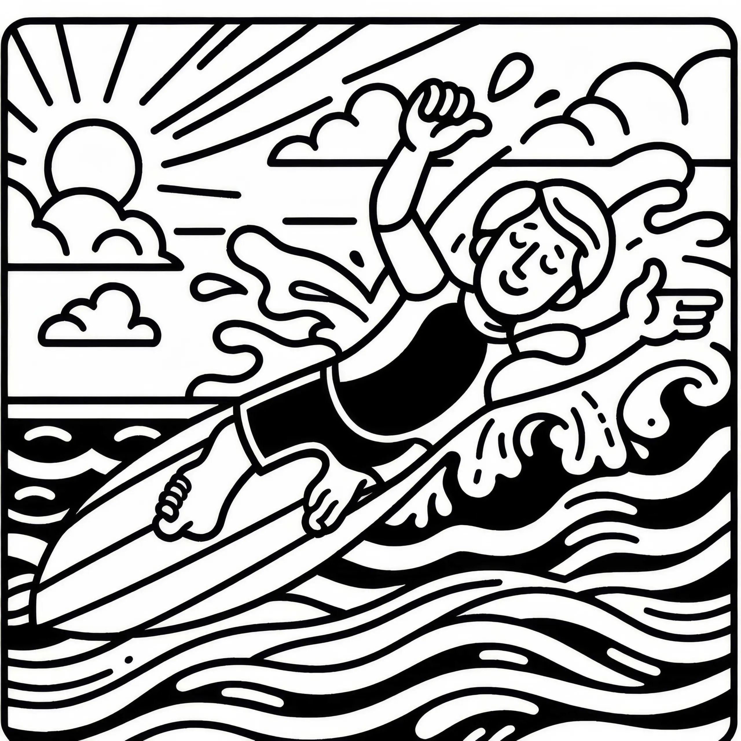 Surfer verliert Gleichgewicht und stürzt ins Wasser – Malvorlage kostenlos (Ausmalbild)