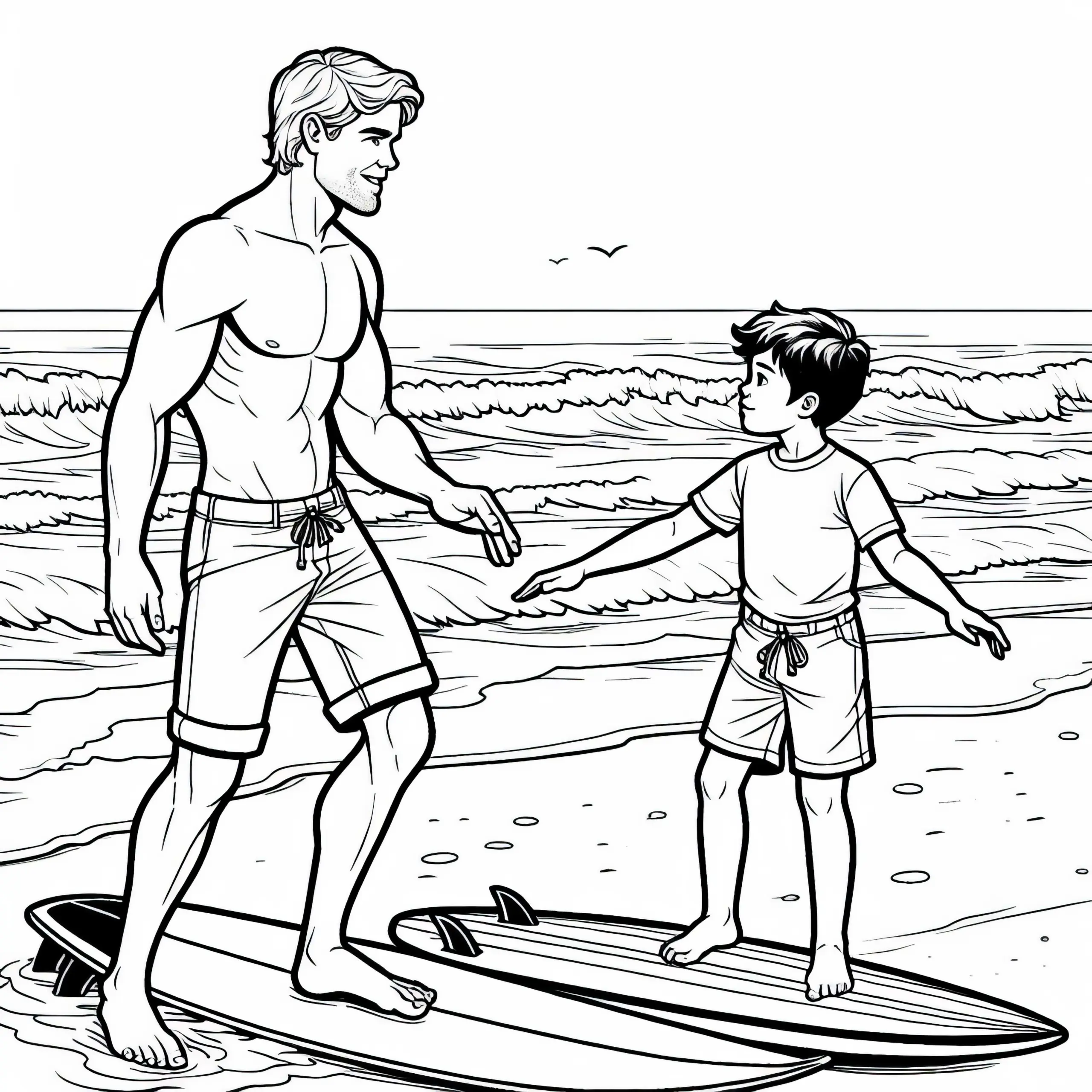 Surflehrer zeigt Schüler die richtige Technik am Strand – Malvorlage gratis (Ausmalbild)
