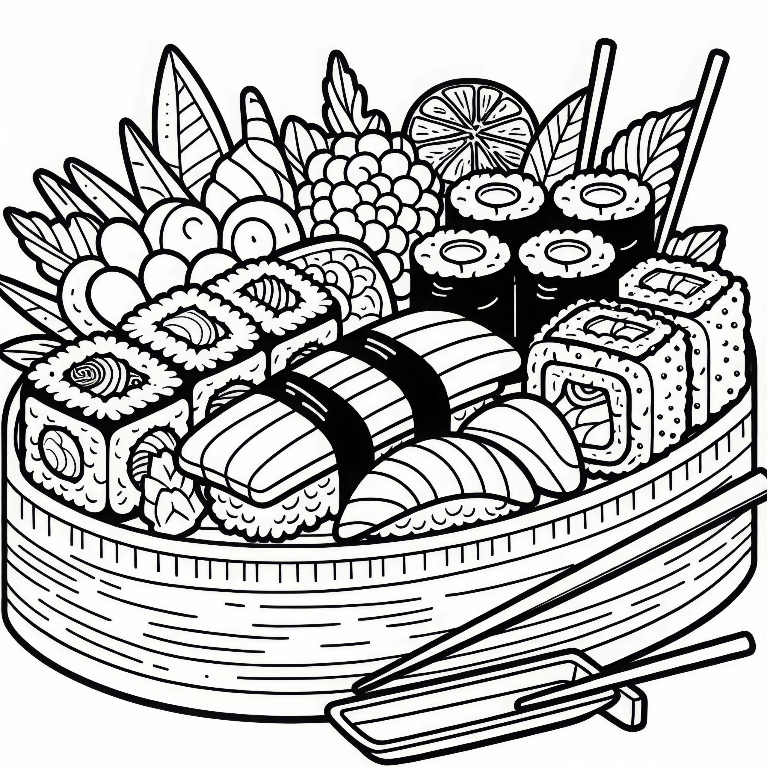 Sushi als Hauptgericht – Malvorlage kostenlos herunterladen (Ausmalbild)