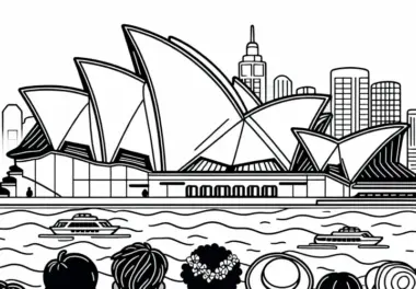 Sydney Kinder betrachten das Opernhaus – Ausmalbild gratis