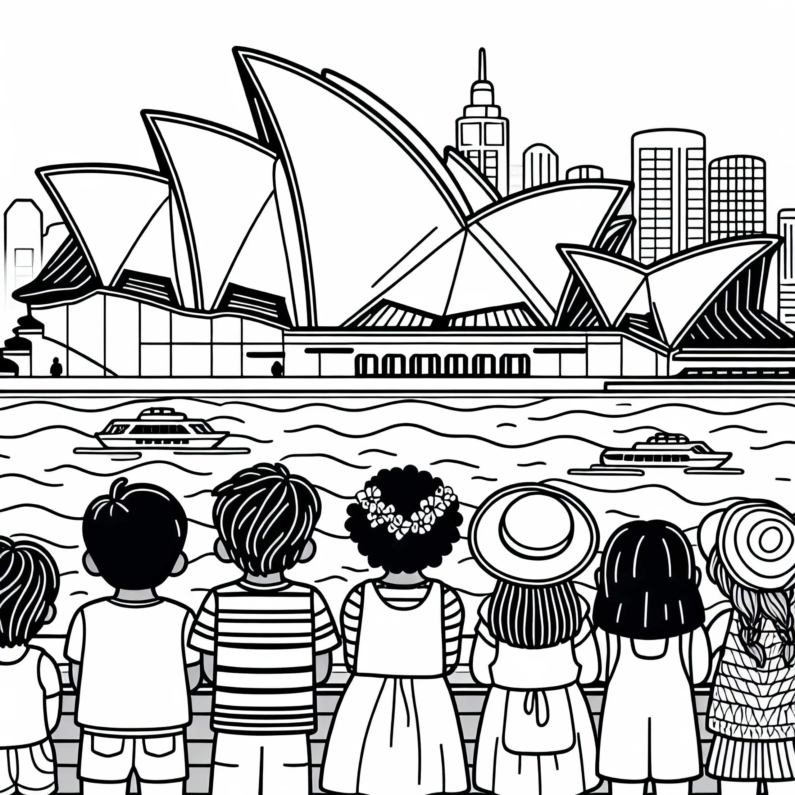 Sydney Kinder betrachten das Opernhaus – Ausmalbild gratis