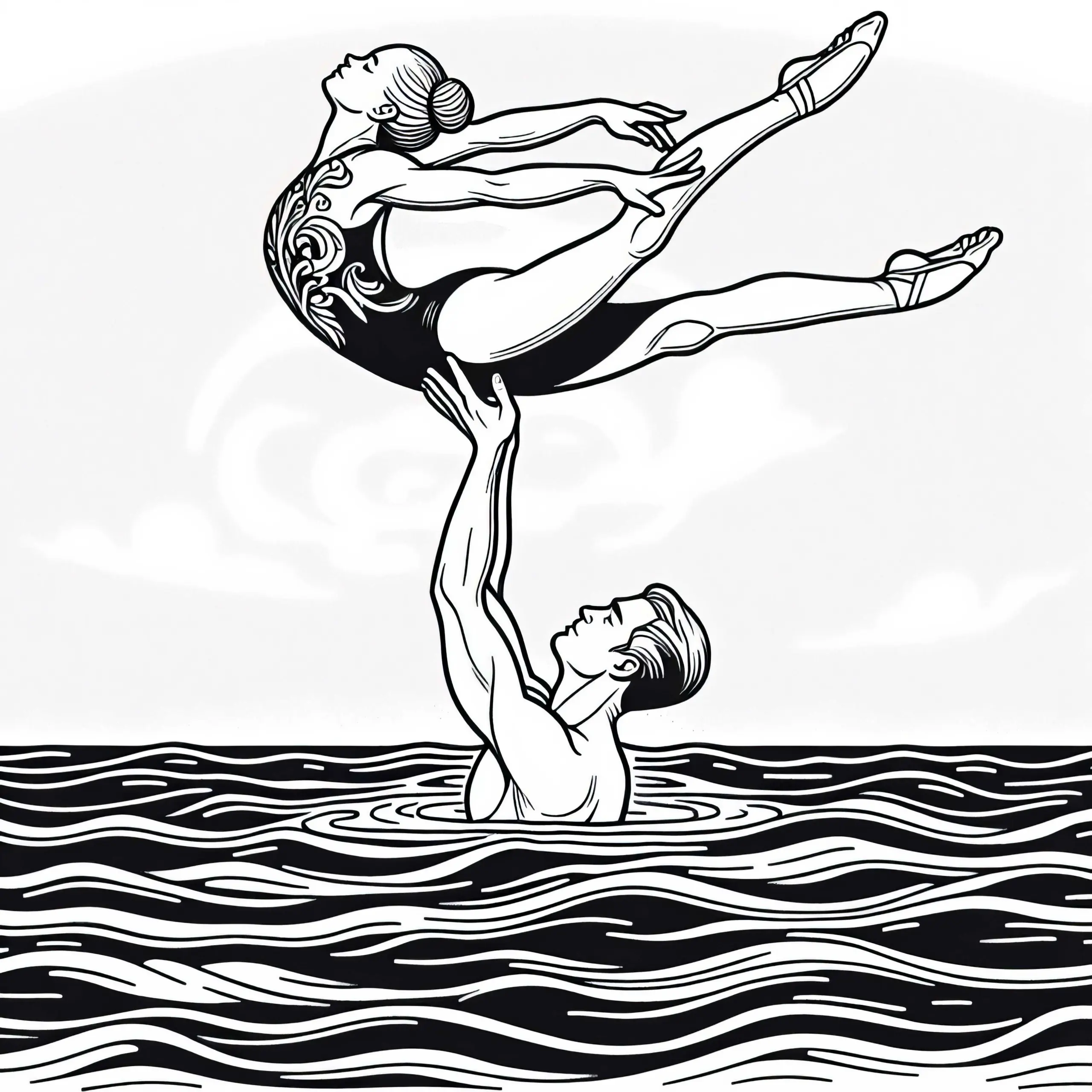 Synchronschwimmer hebt Partnerin elegant über Wasseroberfläche – Ausmalbild gratis