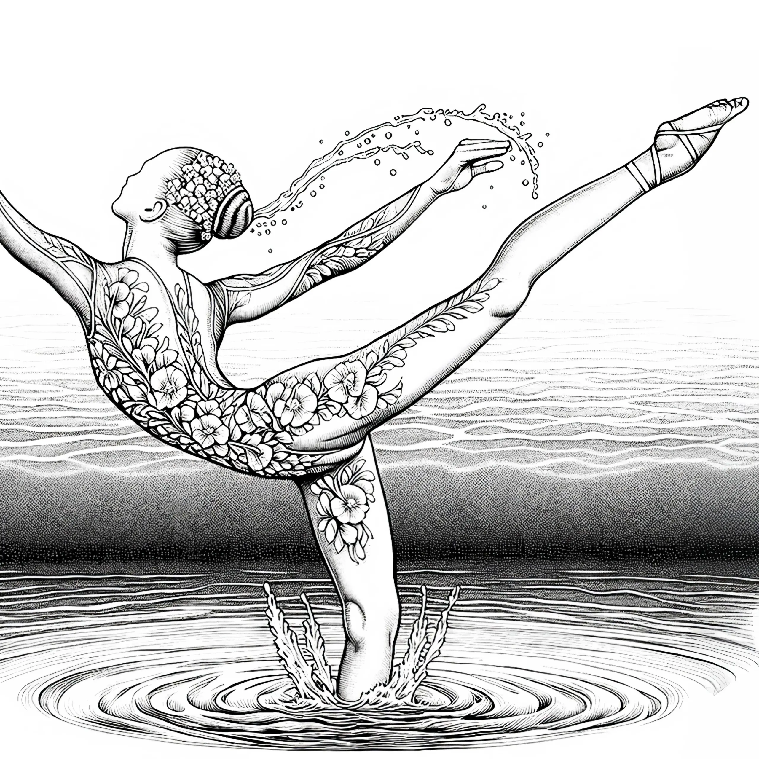 Ausmalbild einer Synchronschwimmerin – Detailreich und Kostenlos