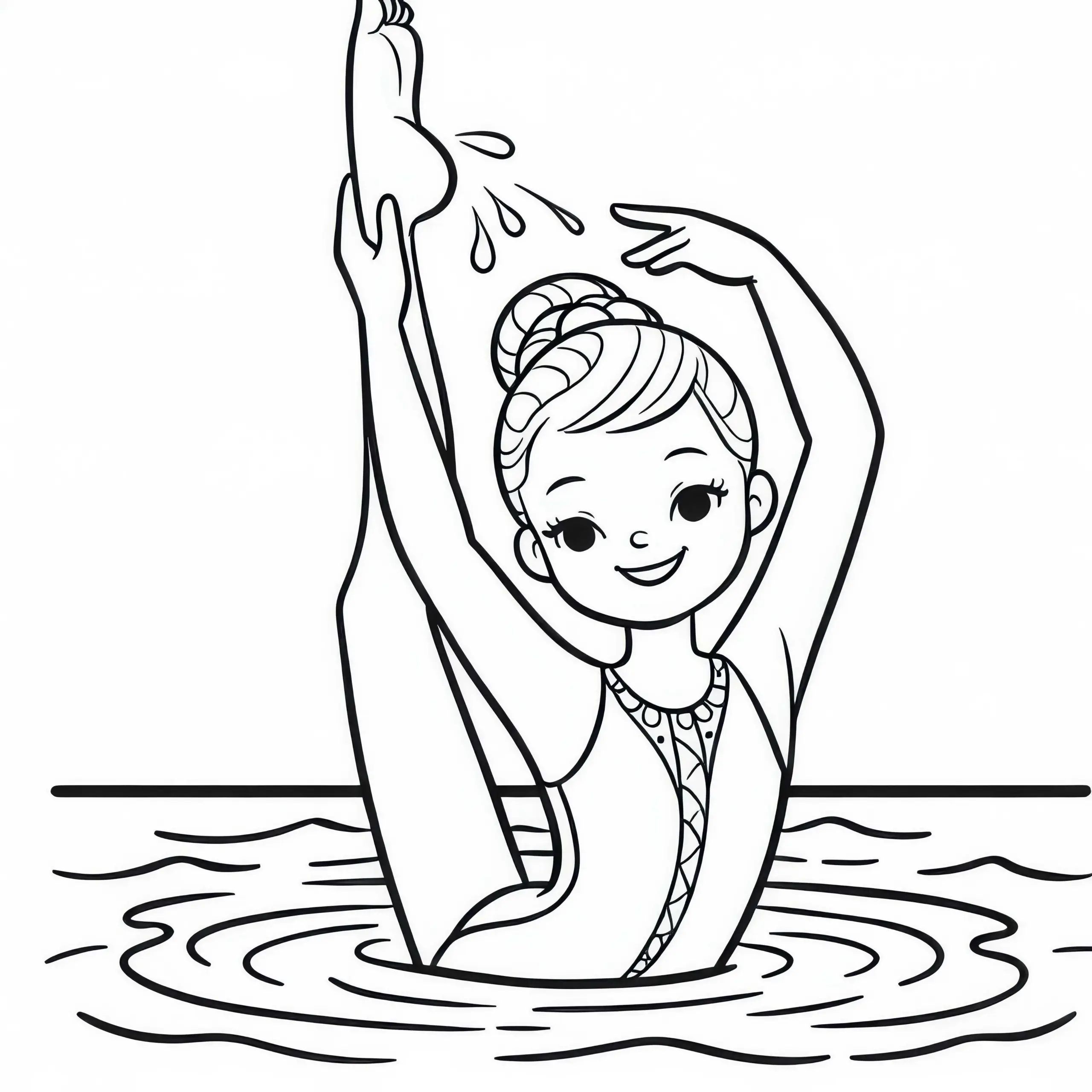 Synchronschwimmerin lächelt während einer Pose – Malvorlage kostenlos (Ausmalbild)