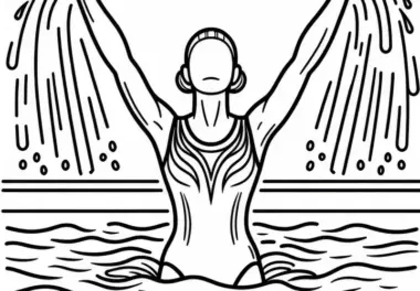 Synchronschwimmerin taucht mit ausgestreckten Armen aus Wasser auf – Ausmalbild gratis