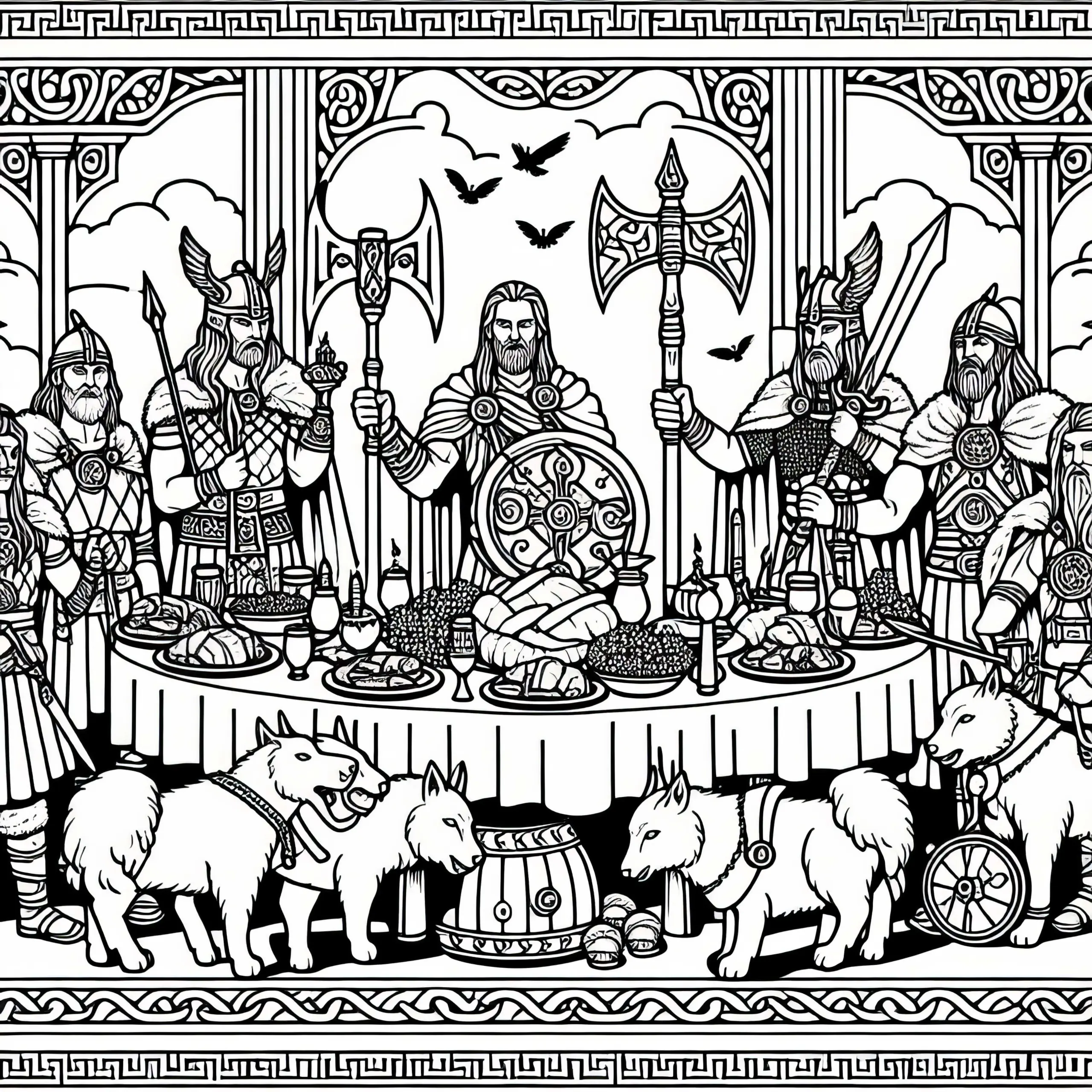 Szene aus Walhall mit Festmahl und Kriegern – Ausmalbild Nordische Mythologie Kostenlos