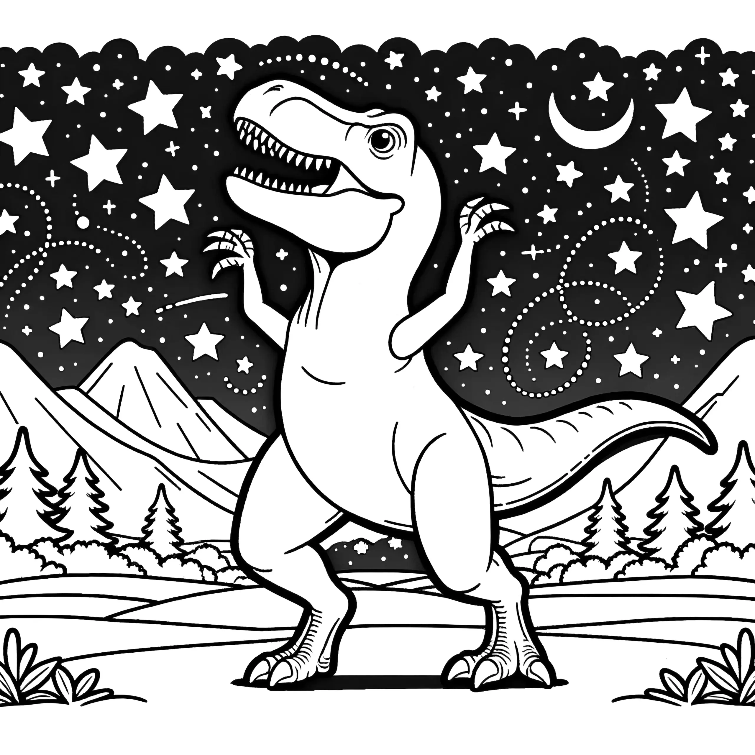 T-Rex Dinosaurier beim Tanzen unter Sternen vor Bergen (Ausmalbild)