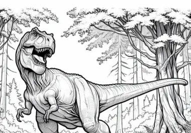 T-Rex im Wald – Ausmalbild für Jungs ab neun kostenlos