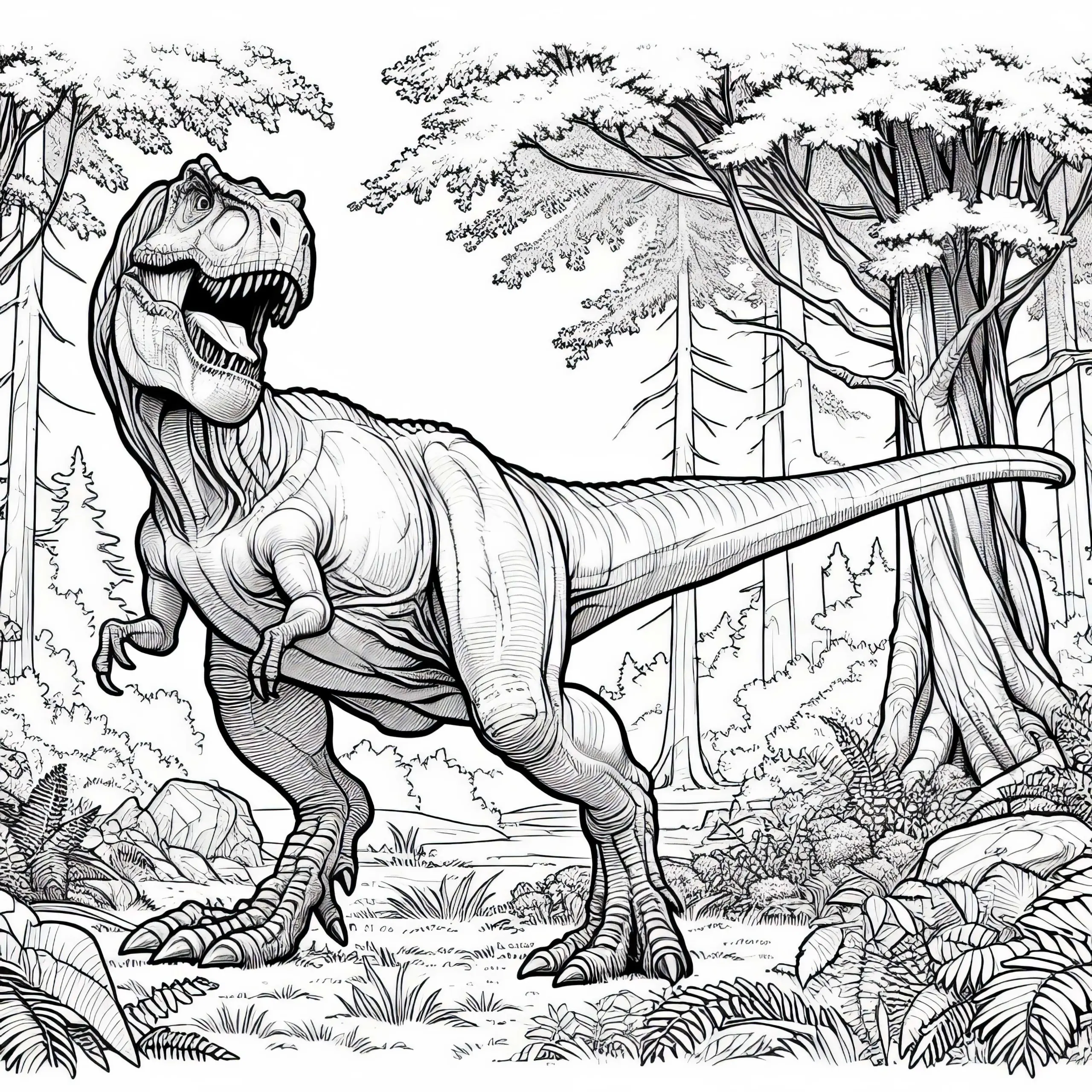 T-Rex im Wald – Ausmalbild für Jungs ab neun kostenlos