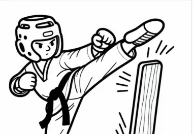 Taekwondo-Athlet bricht mit einem gezielten Schlag Holzbrett – Ausmalbild kostenlos