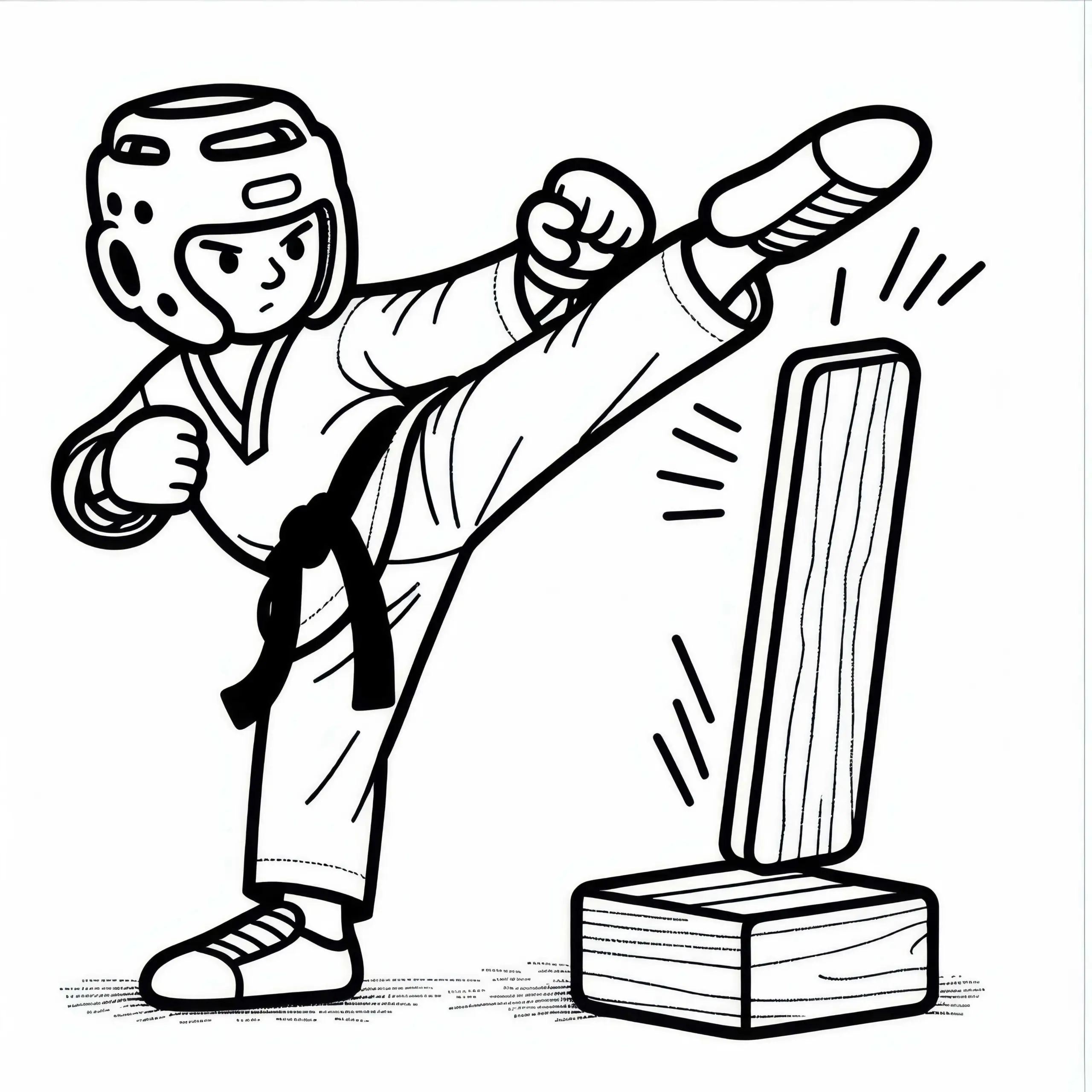 Taekwondo-Athlet bricht mit einem gezielten Schlag Holzbrett – Ausmalbild kostenlos