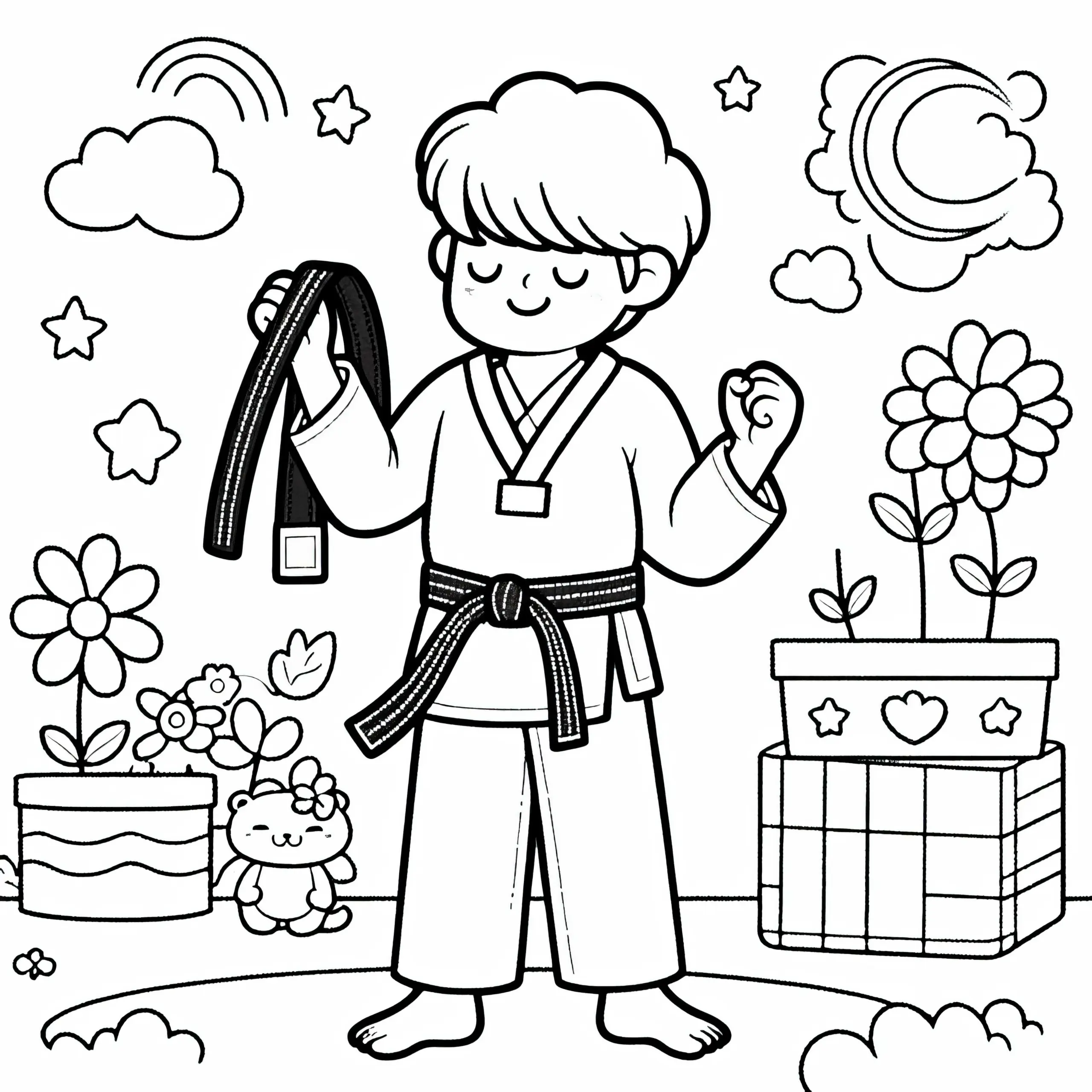 Taekwondo Athlet erhält schwarzen Gürtel – Ausmalbild kostenlos