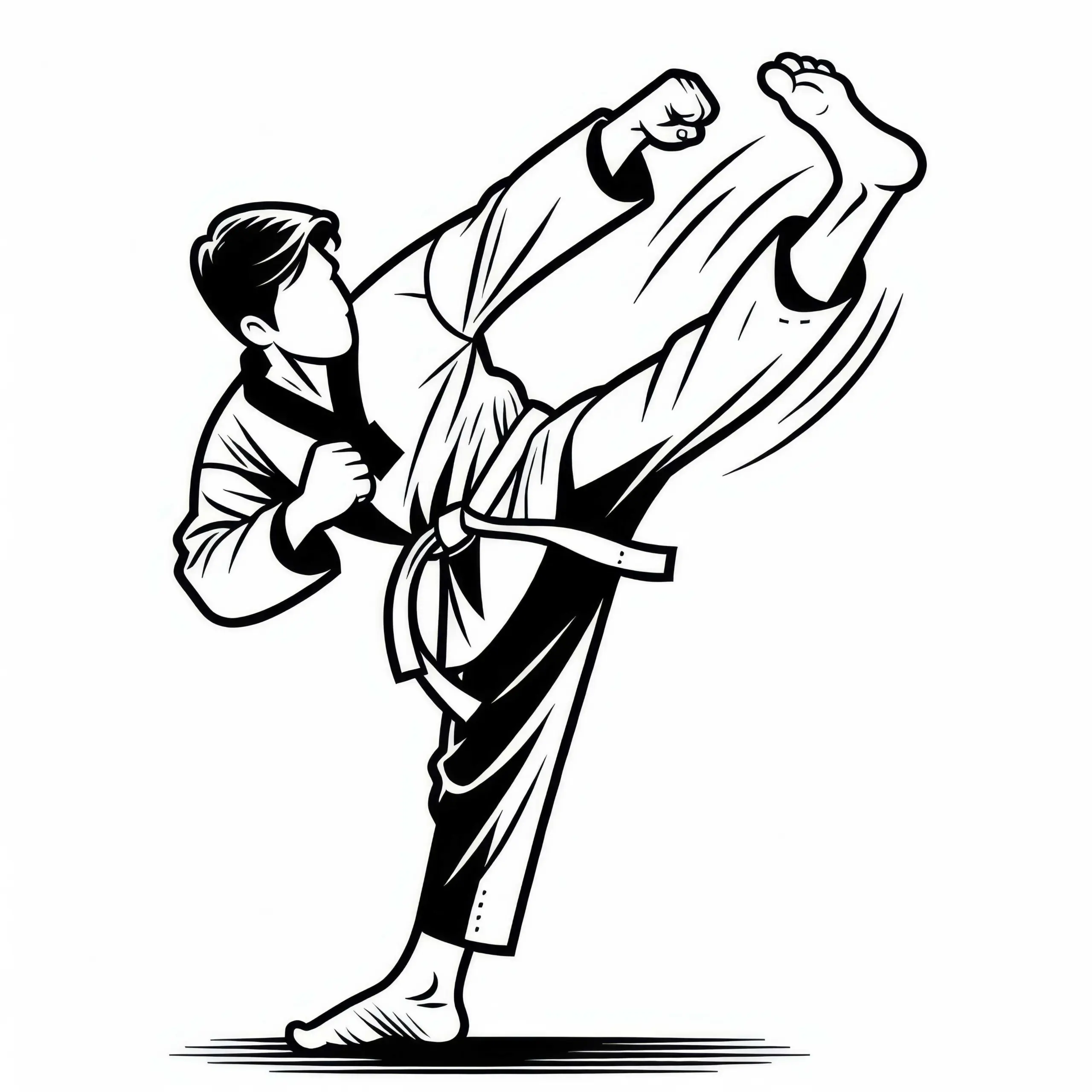 Taekwondo-Kämpfer führt spektakulären Drehkick aus – Malvorlage kostenlos (Ausmalbild)