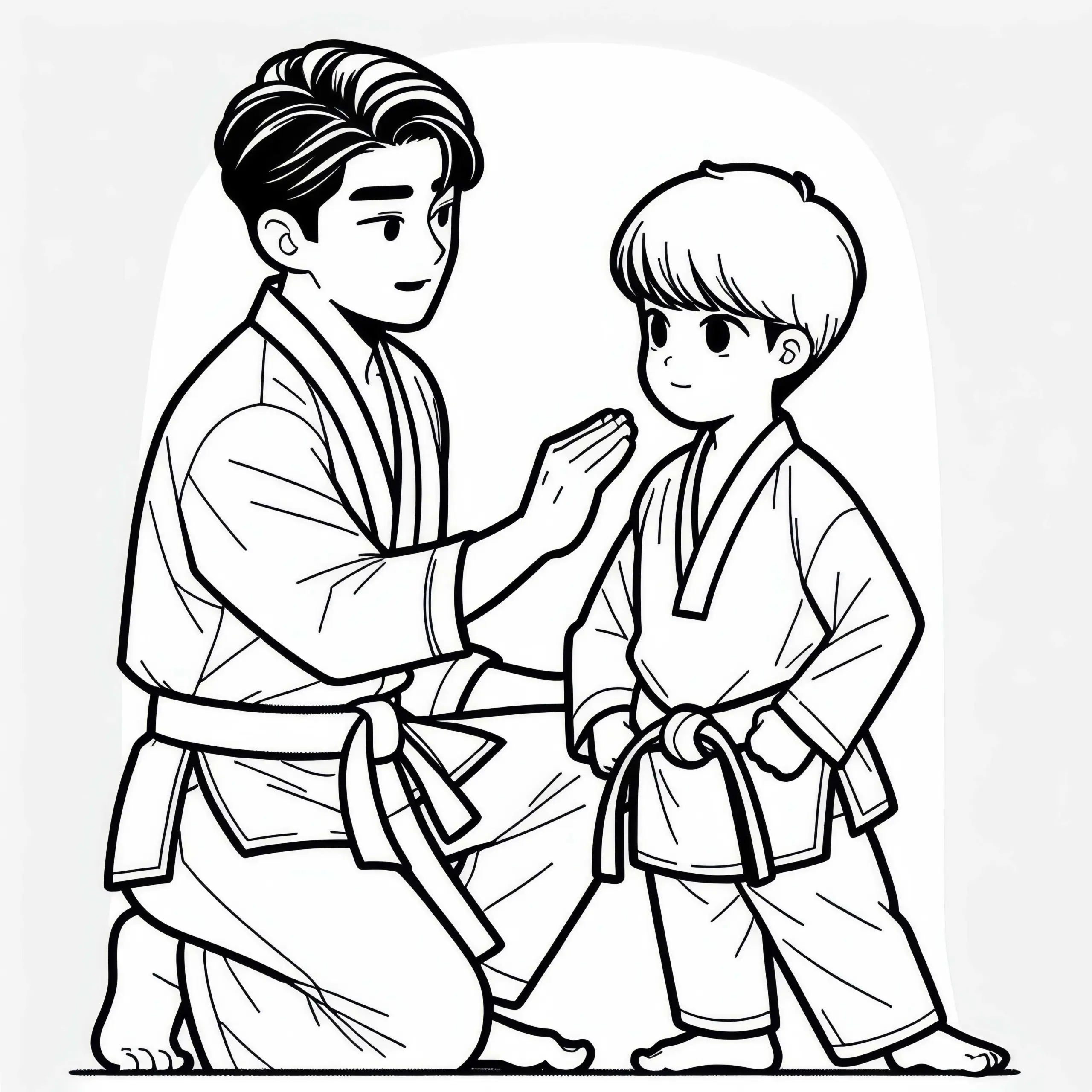 Taekwondo-Trainer gibt Schülern Tipps für perfekte Technik – Malvorlage gratis (Ausmalbild)