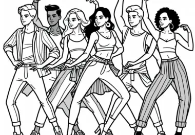 Tänzer bei Choreografie in Gruppe – Ausmalbild kostenlos