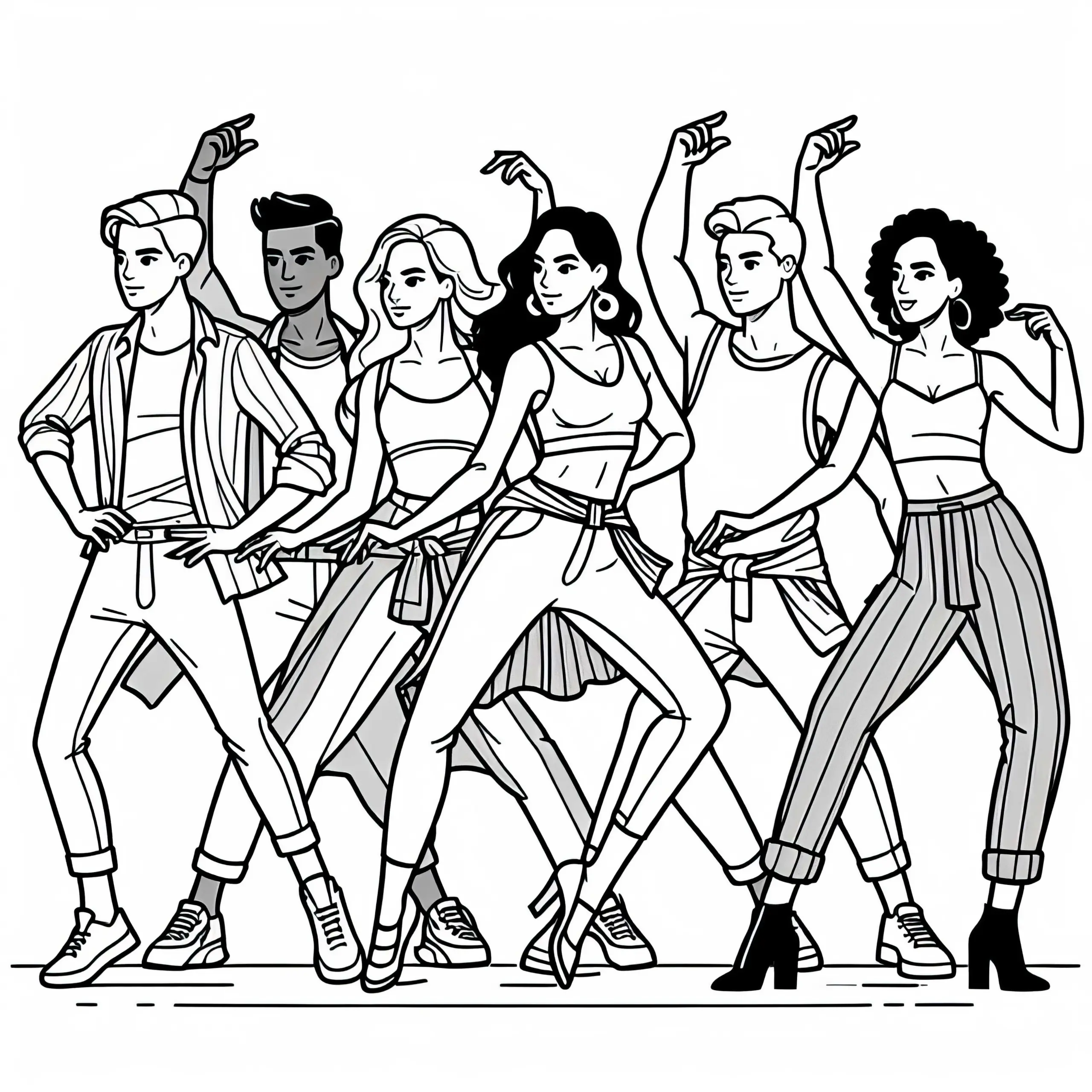 Tänzer bei Choreografie in Gruppe – Ausmalbild kostenlos