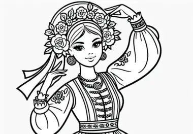 Tänzerin in traditioneller Kleidung bei Folkloretanz – Ausmalbild kostenlos