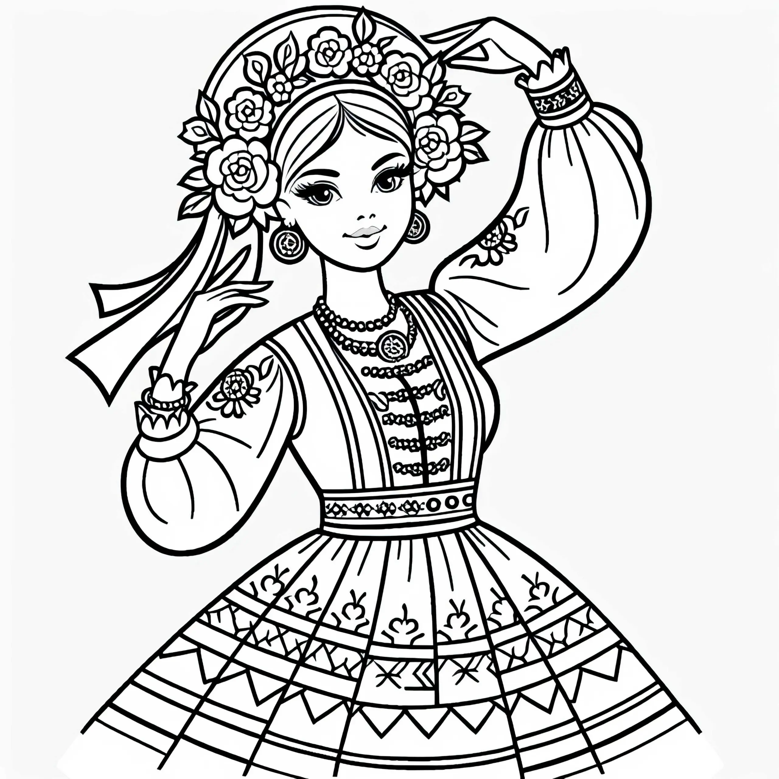 Tänzerin in traditioneller Kleidung bei Folkloretanz – Ausmalbild kostenlos