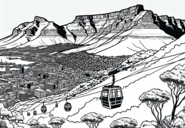 Tafelberg in Kapstadt, Südafrika mit Gondel – Malvorlage Afrika kostenlos