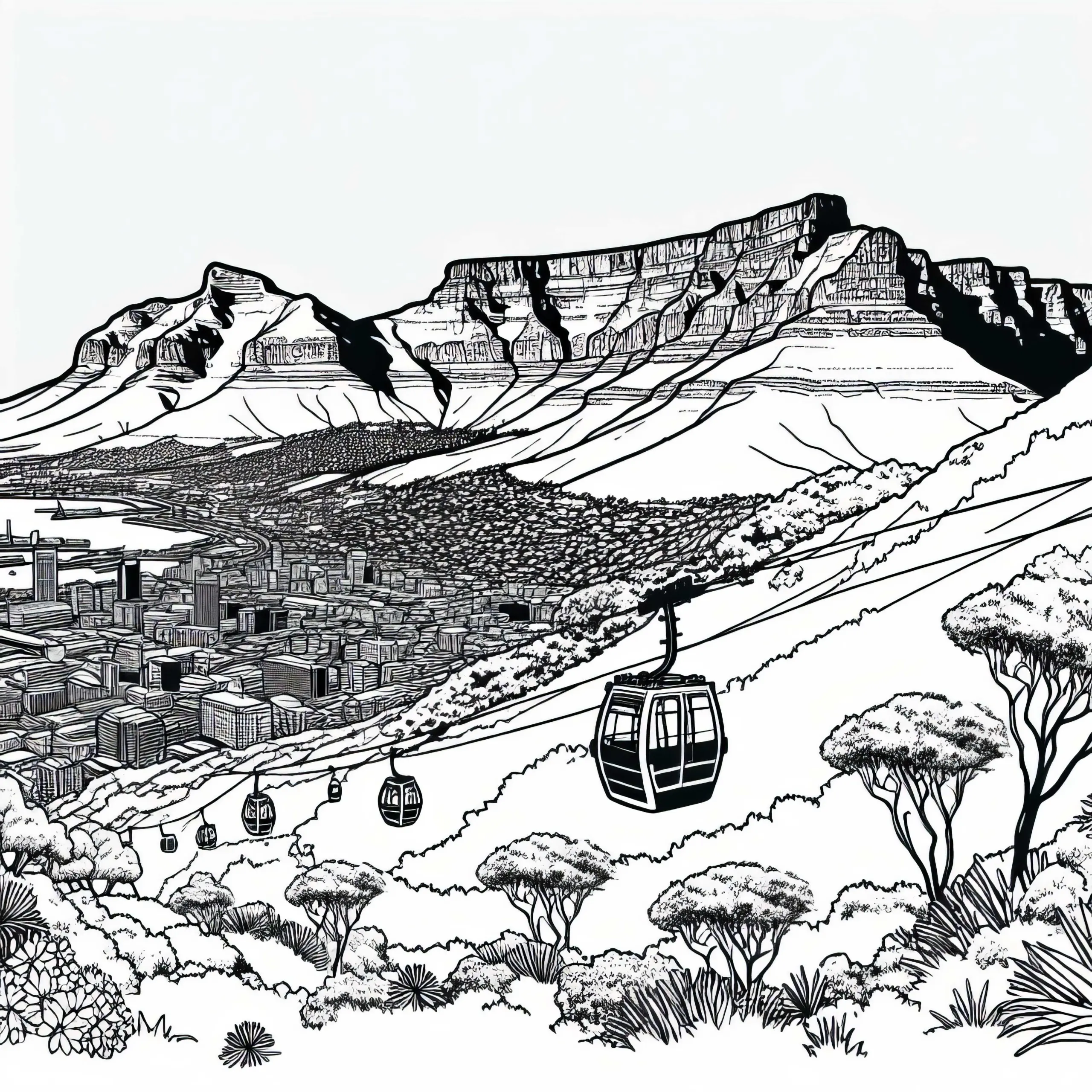 Tafelberg in Kapstadt, Südafrika mit Gondel – Malvorlage Afrika kostenlos (Ausmalbild)